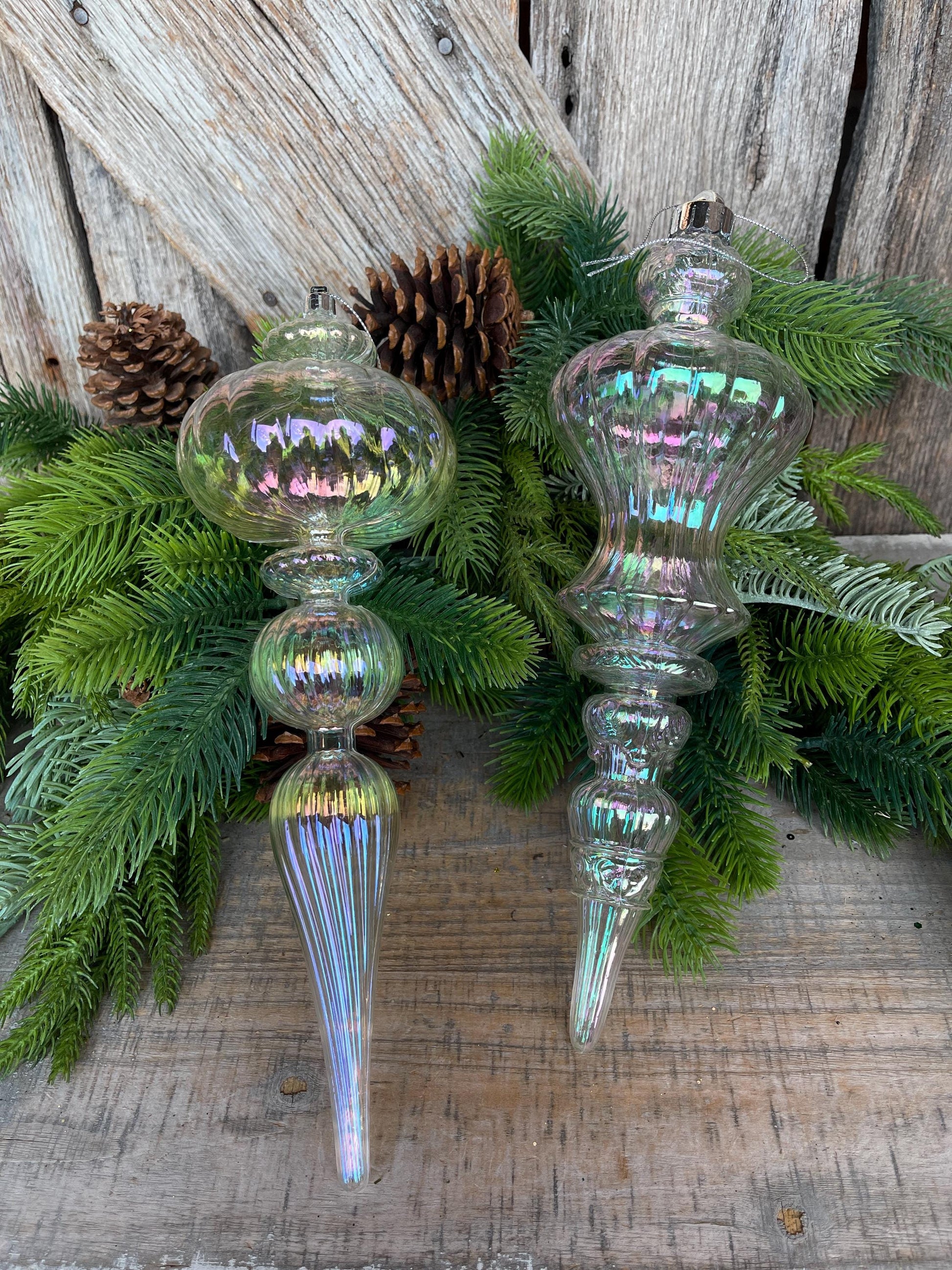 Set of 2 - 12" Iridescent Finial Ornament, Shatterproof Ornaments, Finial Ornaments