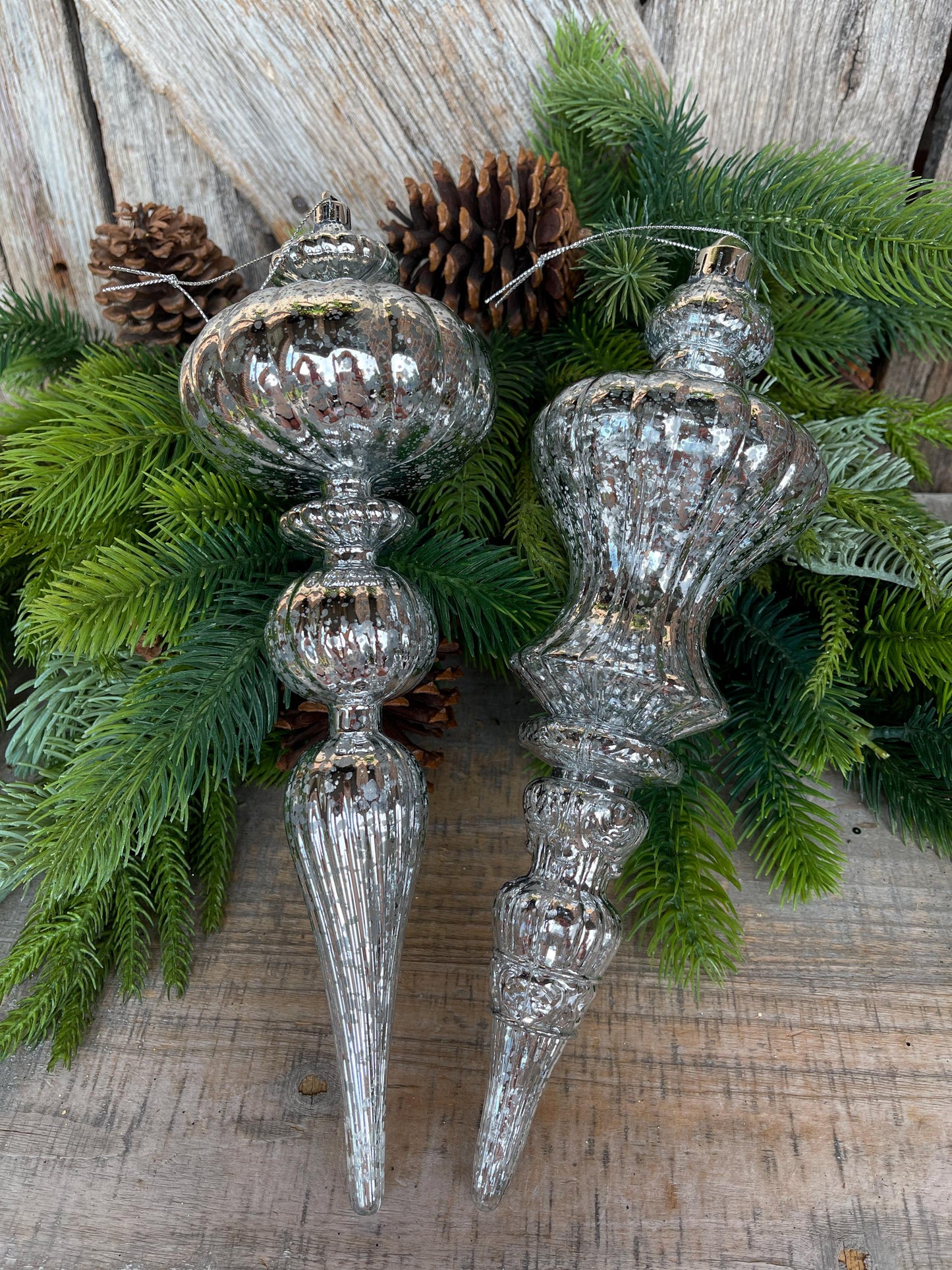 Set of 2 - 12" Silver Finial Ornament, Shatterproof Ornaments, Finial Ornaments, Christmas Ornaments, Silver Christmas Ornaments