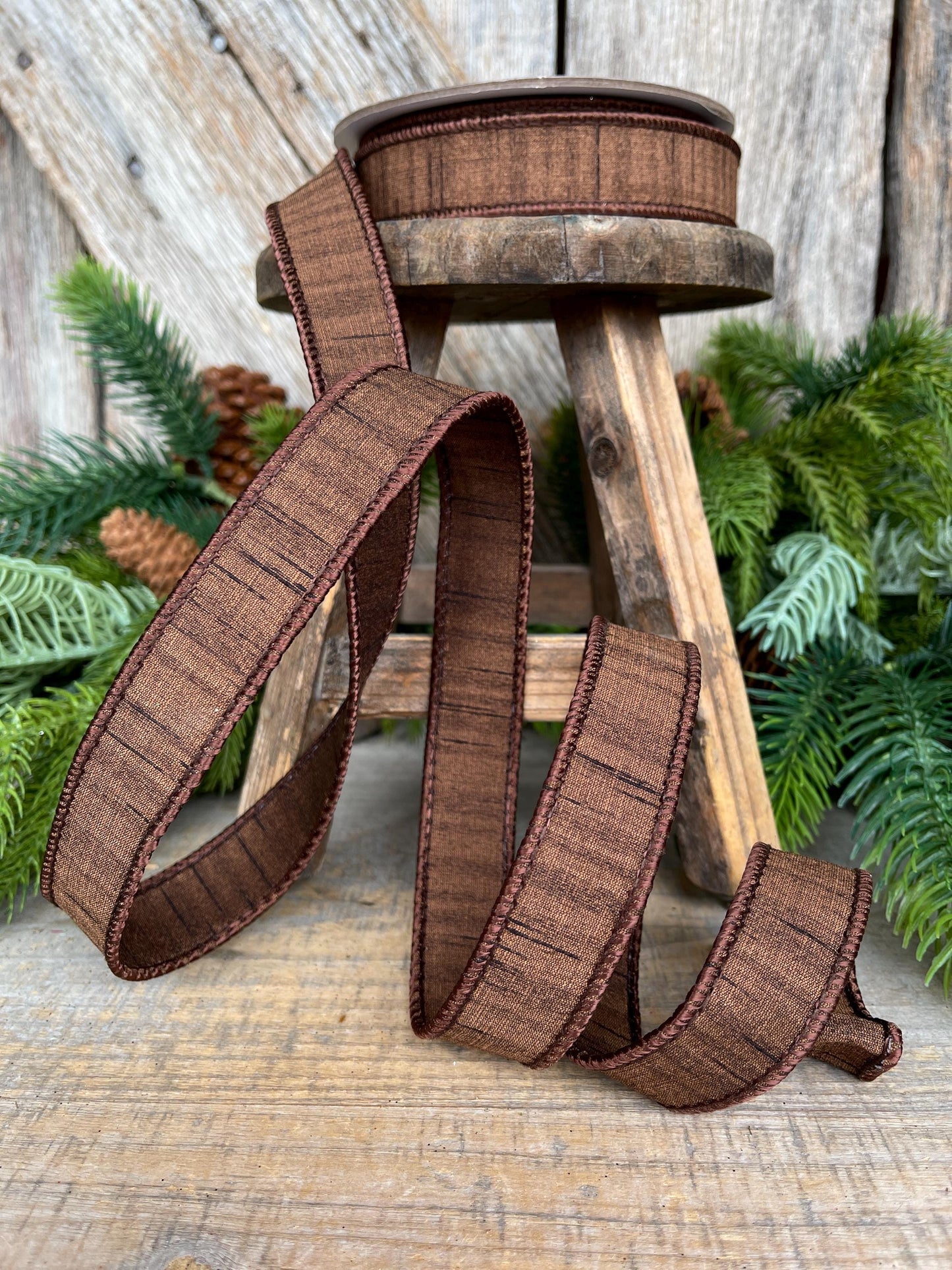 1” Pecan Brown Ribbon, Farrisilk ribbon, Shimmering Silk ribbon, Christmas Ribbon, Wired Ribbon, wood ribbon, Woodsy Christmas, RK879-35
