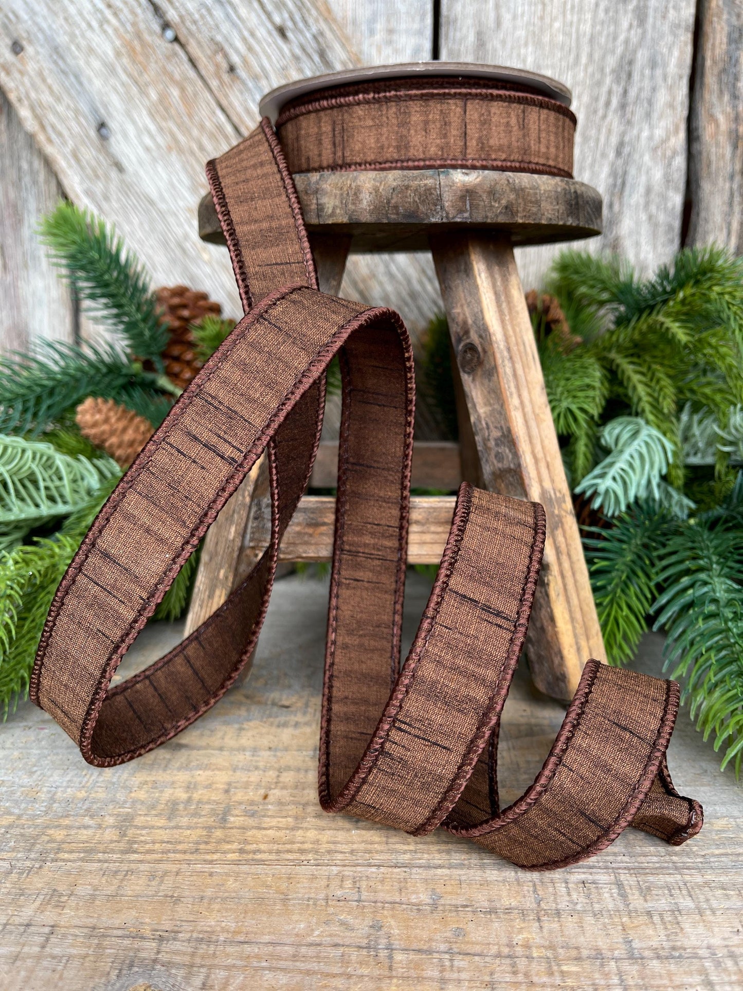 1” Pecan Brown Ribbon, Farrisilk ribbon, Shimmering Silk ribbon, Christmas Ribbon, Wired Ribbon, wood ribbon, Woodsy Christmas, RK879-35