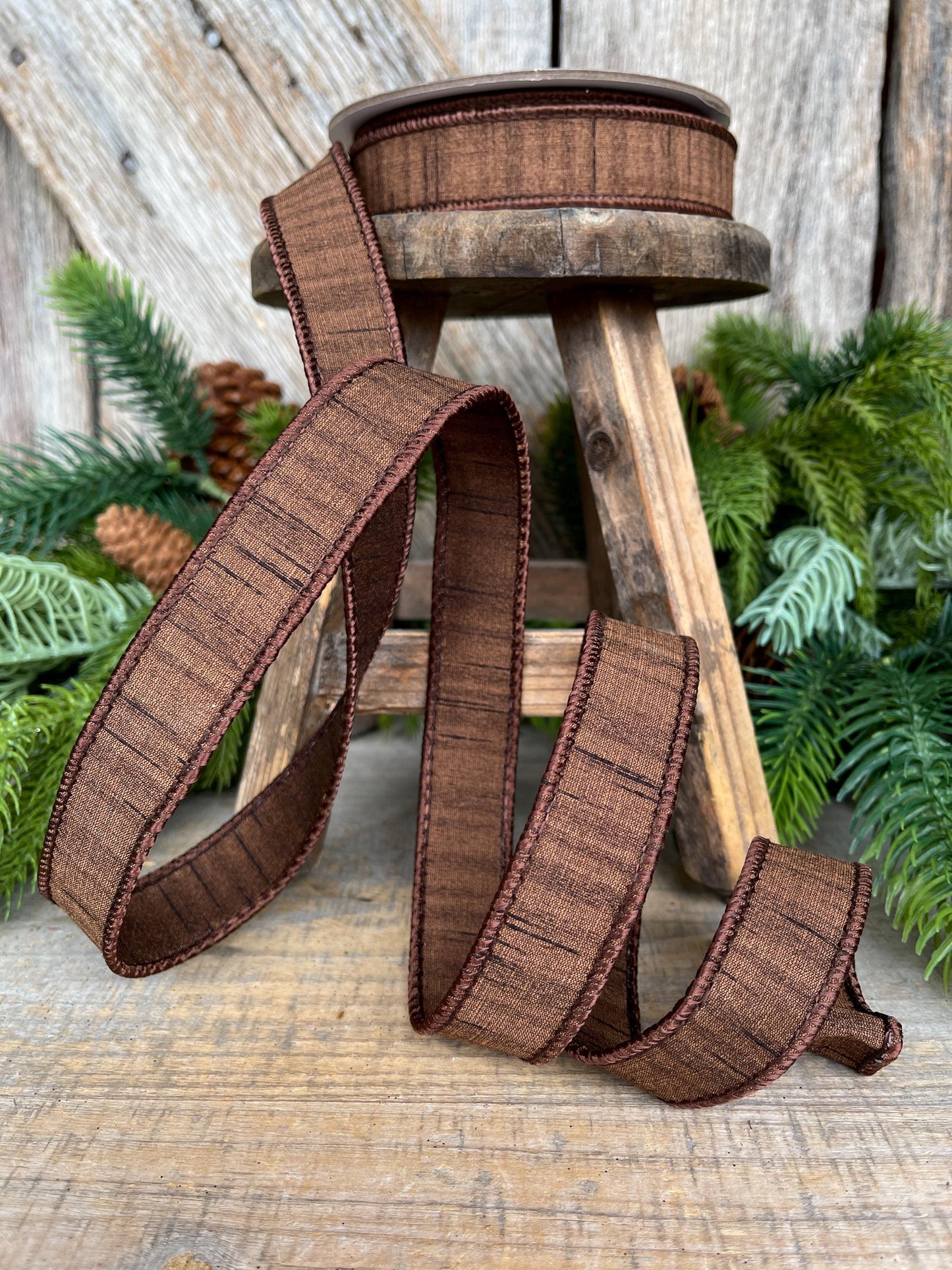 1” Pecan Brown Ribbon, Farrisilk ribbon, Shimmering Silk ribbon, Christmas Ribbon, Wired Ribbon, wood ribbon, Woodsy Christmas, RK879-35