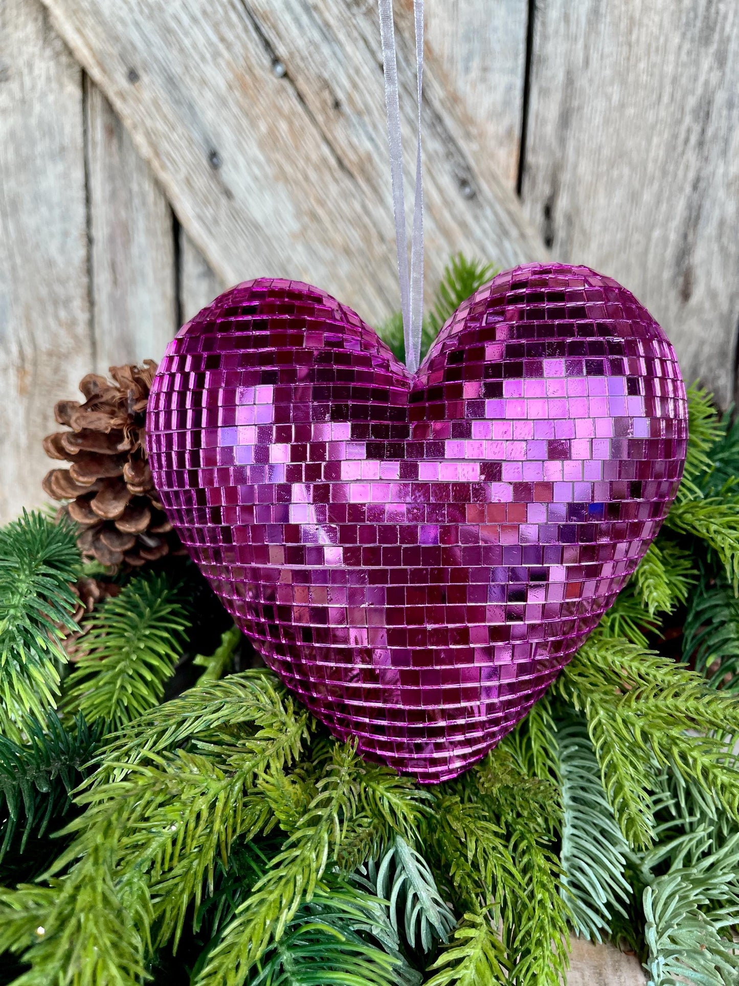 6" Pink Disco Heart Ornament, Pink Heart Ornament, Disco Heart