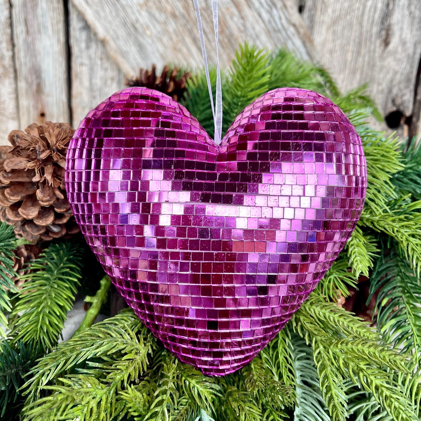 6" Pink Disco Heart Ornament, Pink Heart Ornament, Disco Heart