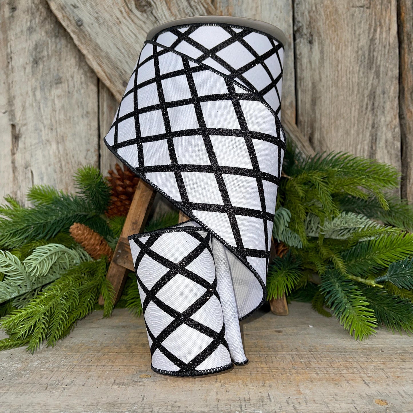 4" Black White Lattice RIbbon, Spring Ribbon, Christmas Ribbon