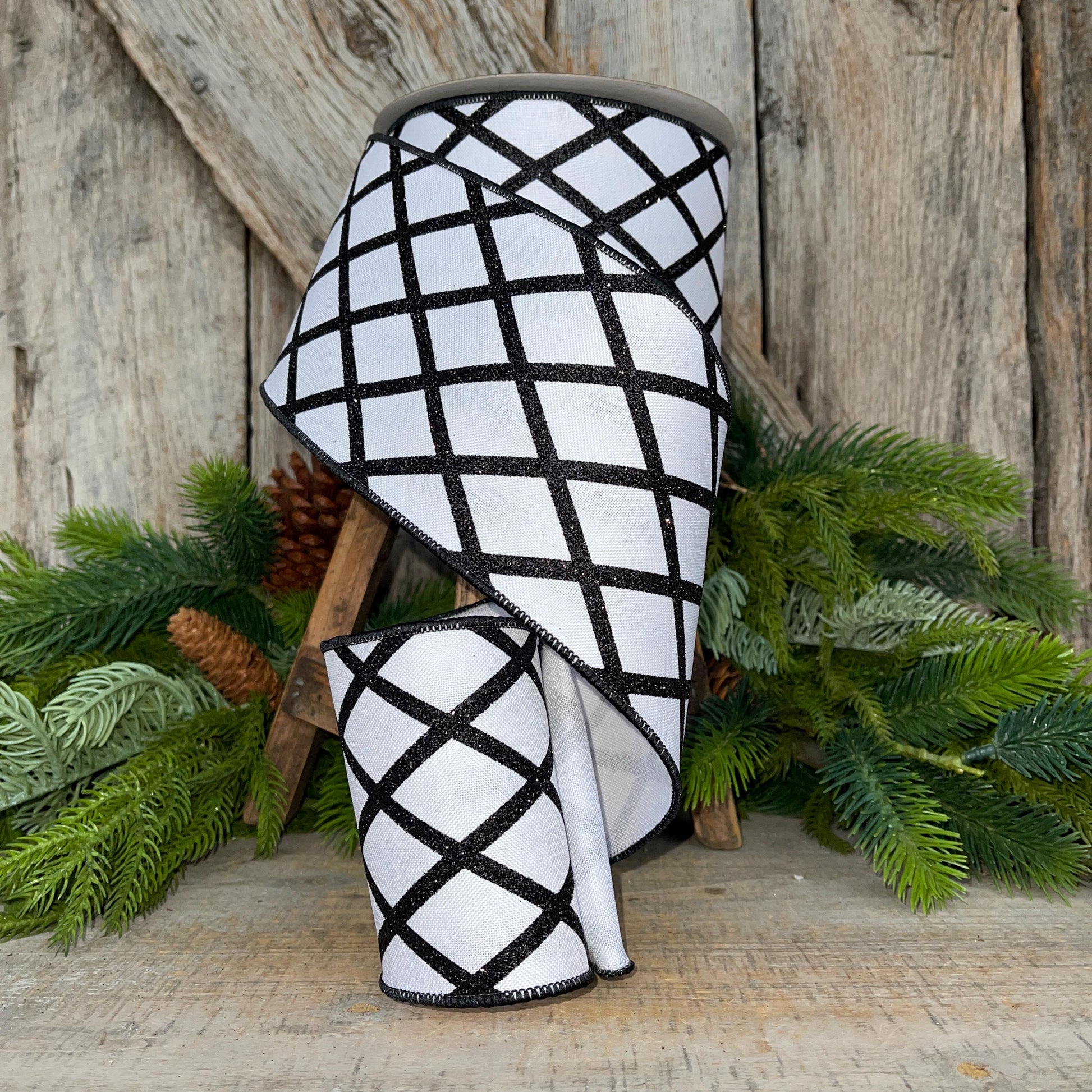 4" Black White Lattice RIbbon, Spring Ribbon, Christmas Ribbon