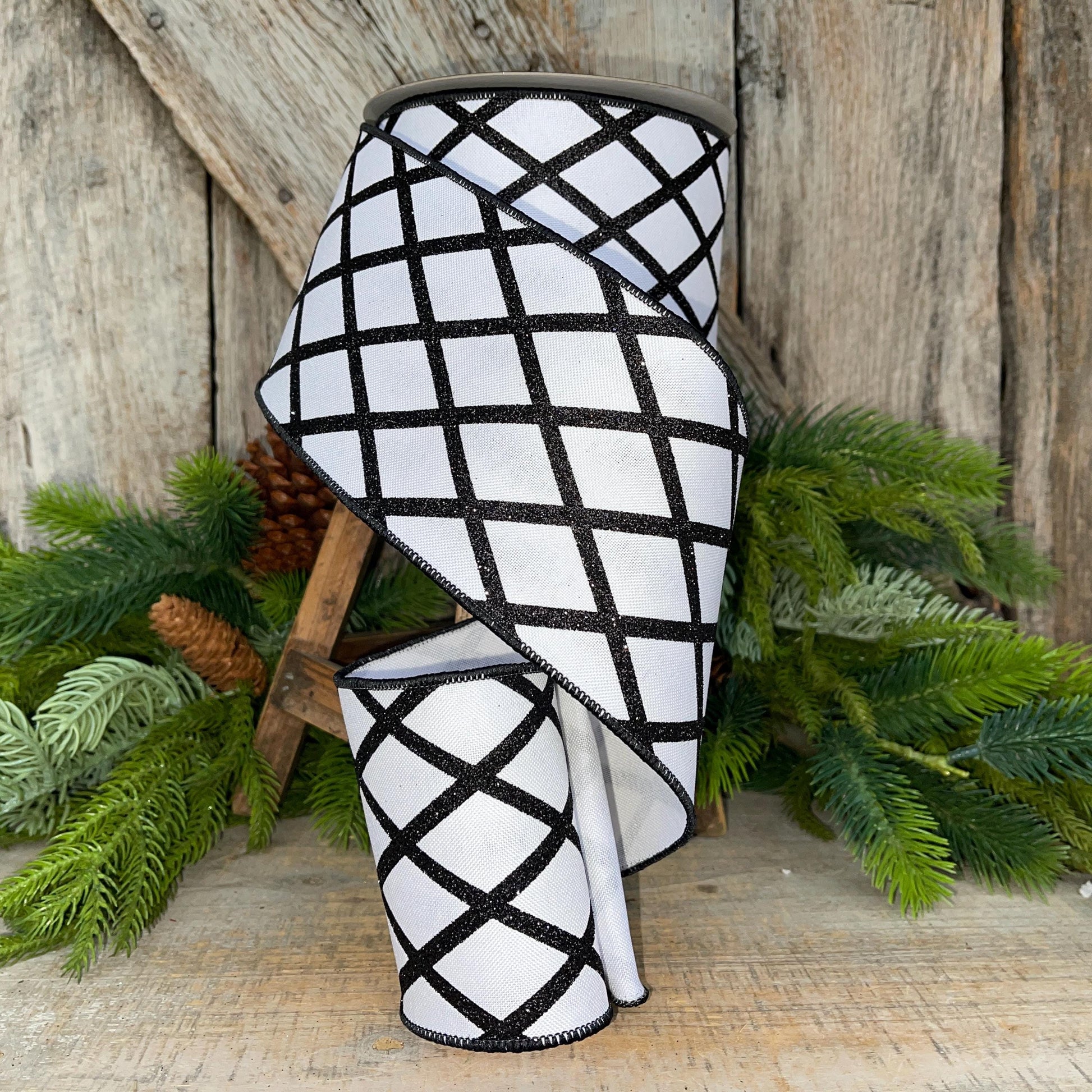 4" Black White Lattice RIbbon, Spring Ribbon, Christmas Ribbon