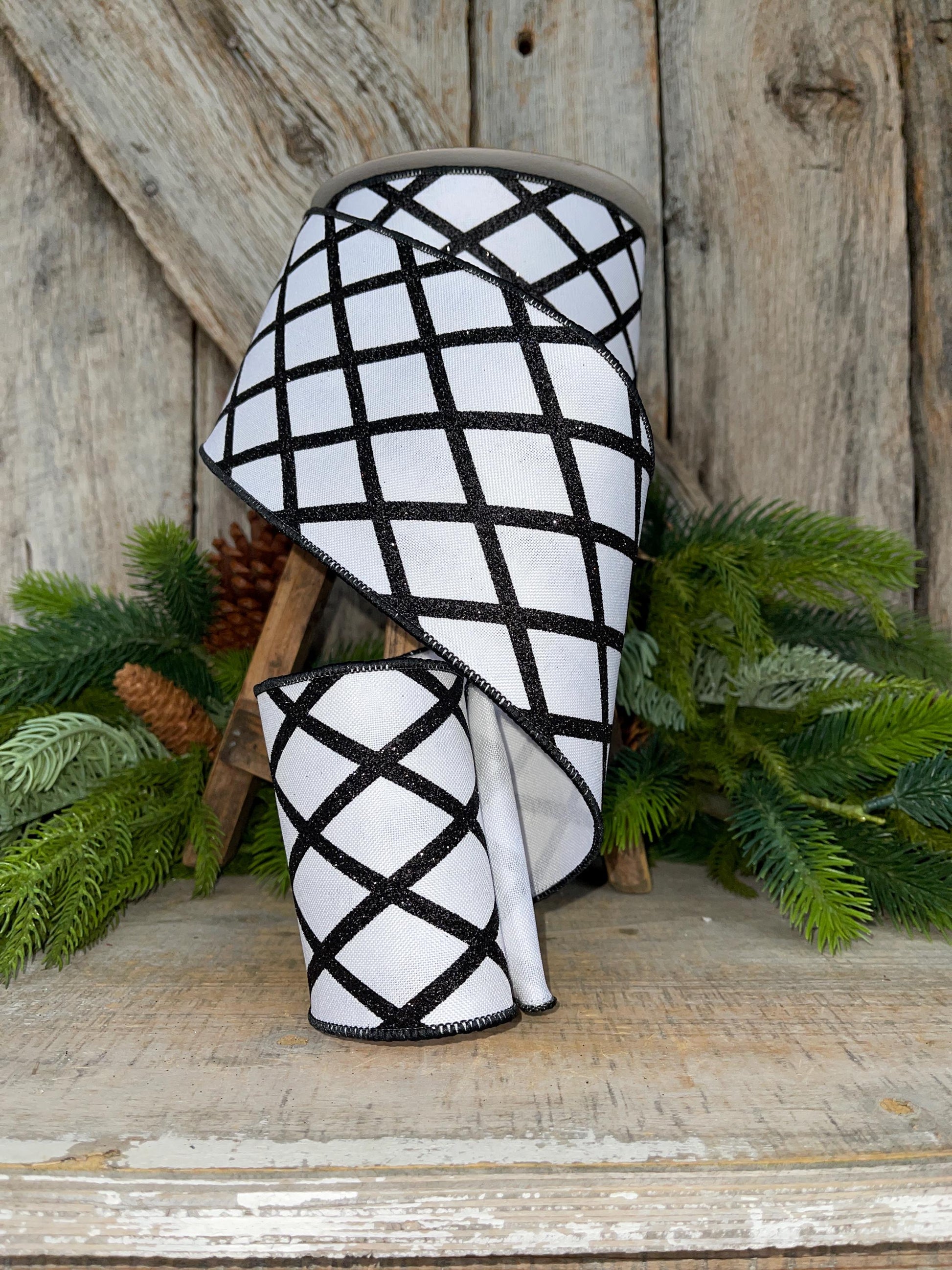 4" Black White Lattice RIbbon, Spring Ribbon, Christmas Ribbon