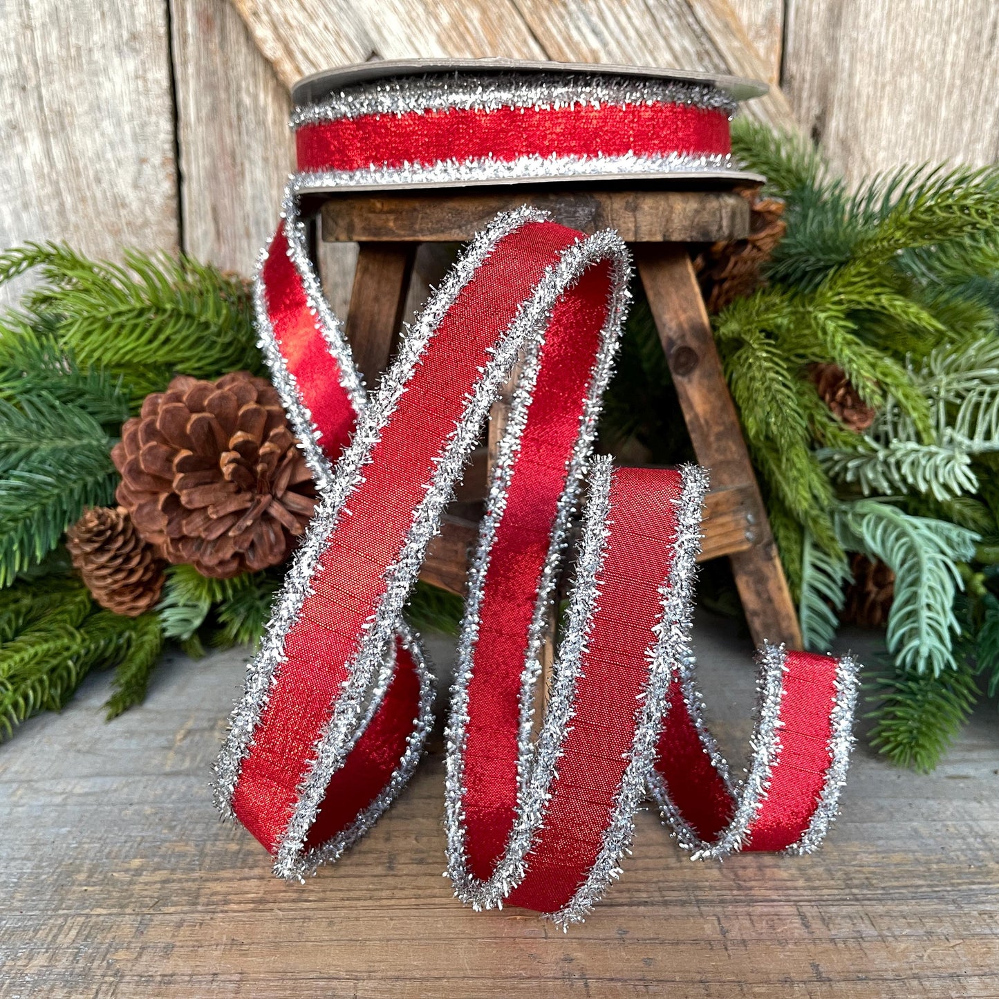 1" Red & Silver Tinsel Ribbon, Christmas Ribbon, Farrisilk ribbon