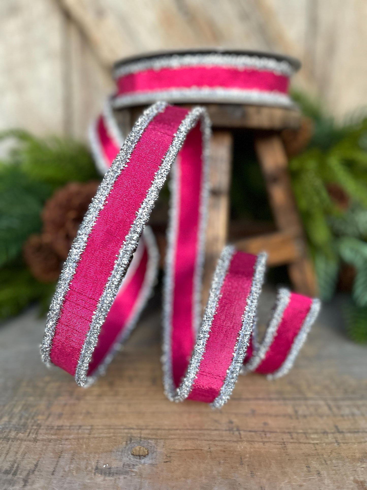 1" Hot Pink & Silver Tinsel Ribbon, Christmas Ribbon, Farrisilk ribbon