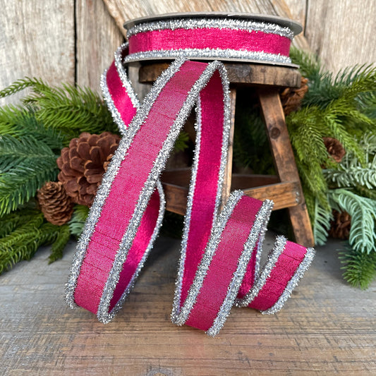 1" Hot Pink & Silver Tinsel Ribbon, Christmas Ribbon, Farrisilk ribbon