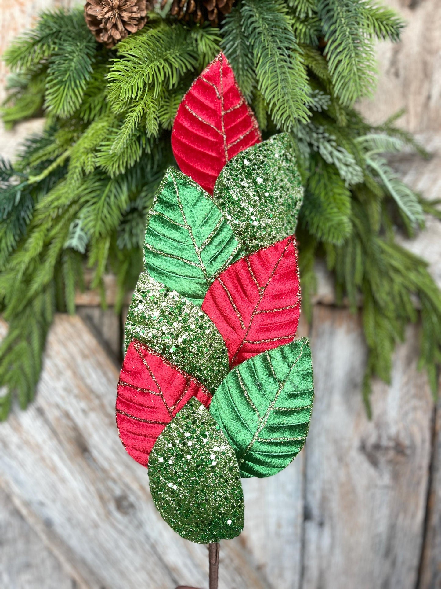 Red & Green Velvet Leaf Christmas Spray - 27" Tree Topper