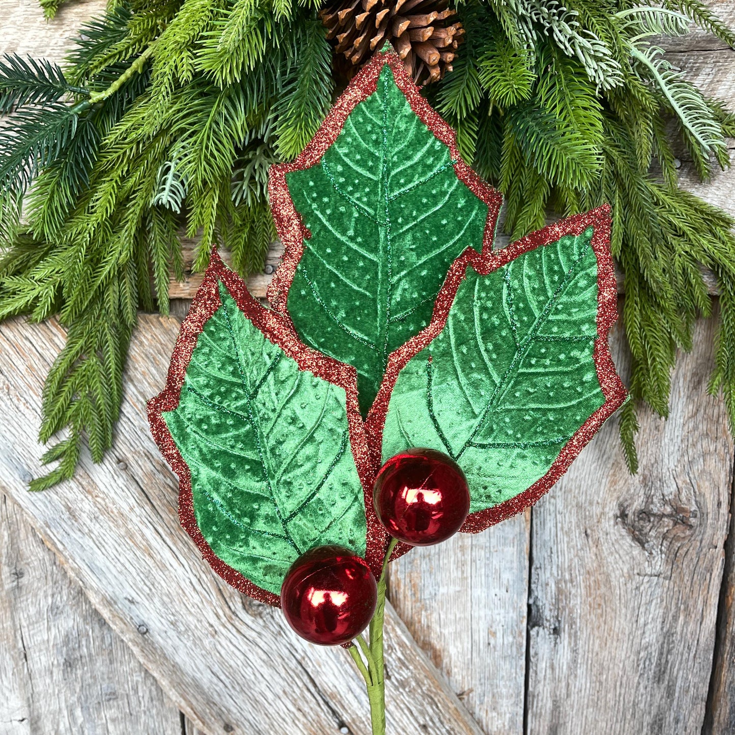 30" Emerald Green Holly Leaf Spray, Christmas Holly Leaf Floral Stem, Green Floral Picks Stems