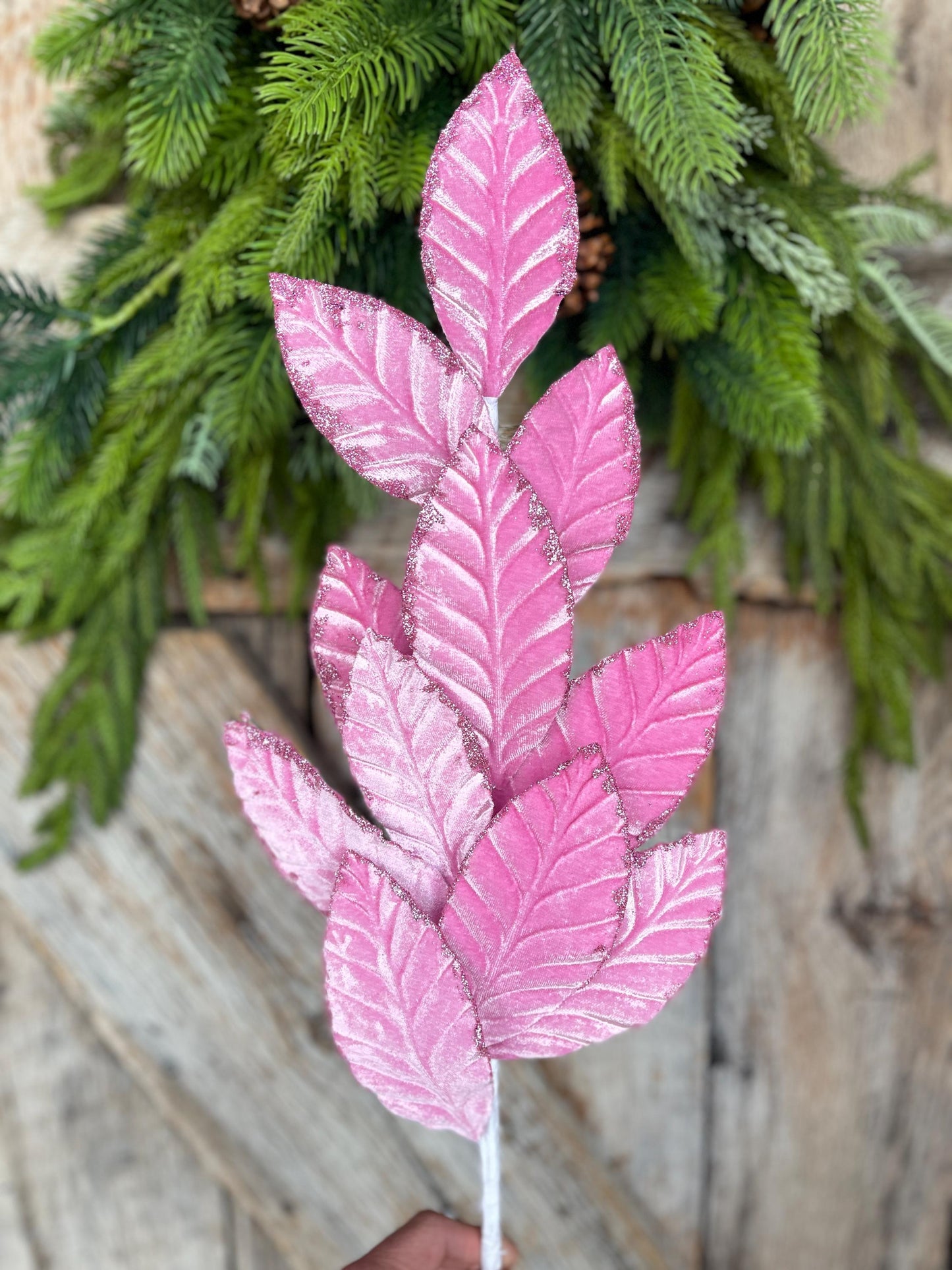 25" Mauve Pink Velvet Leaf Christmas Spray: Pink Christmas Tree Spray