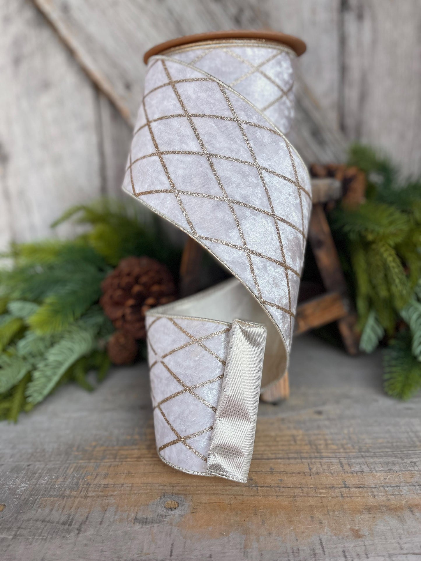 Ivory Velvet Wired Ribbon, Ivory Gold Lattice Ribbon, Christmas Ribbon, 4" x 10yds