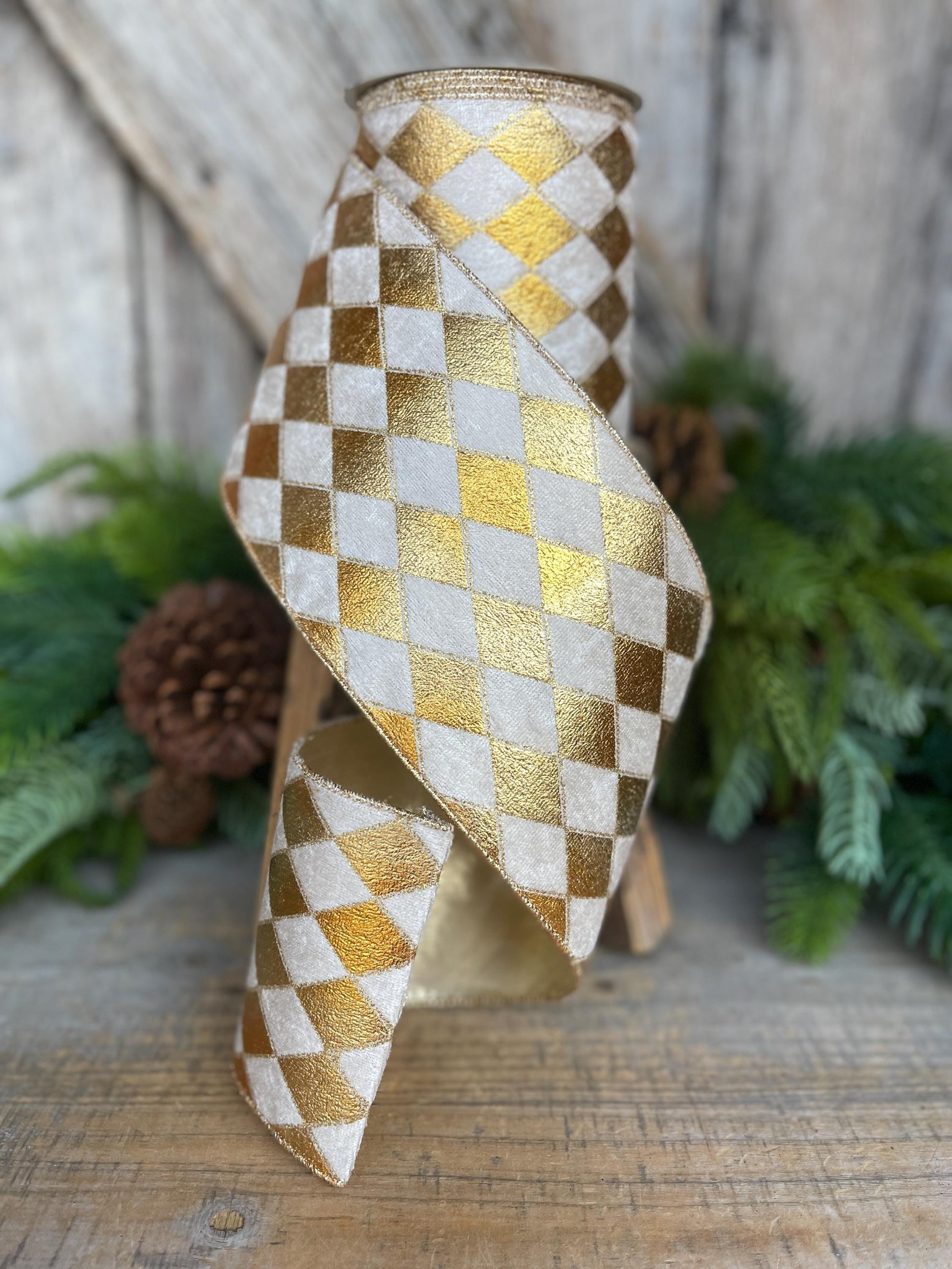 4" Gold Harlequin Ribbon, Velvet Diamond Ribbon, Gold and Cream Harlequin Ribbon