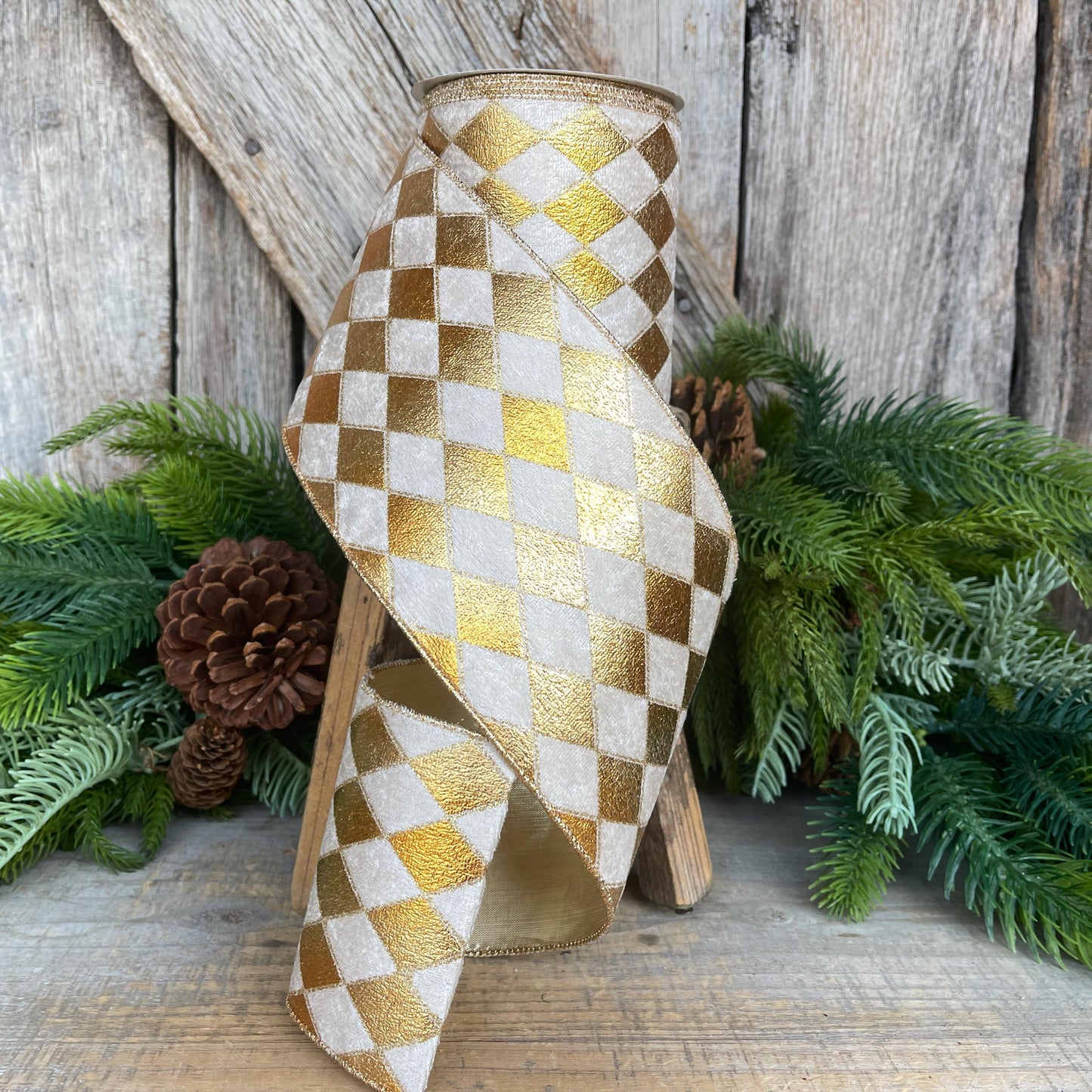 4" Gold Harlequin Ribbon, Velvet Diamond Ribbon, Gold and Cream Harlequin Ribbon