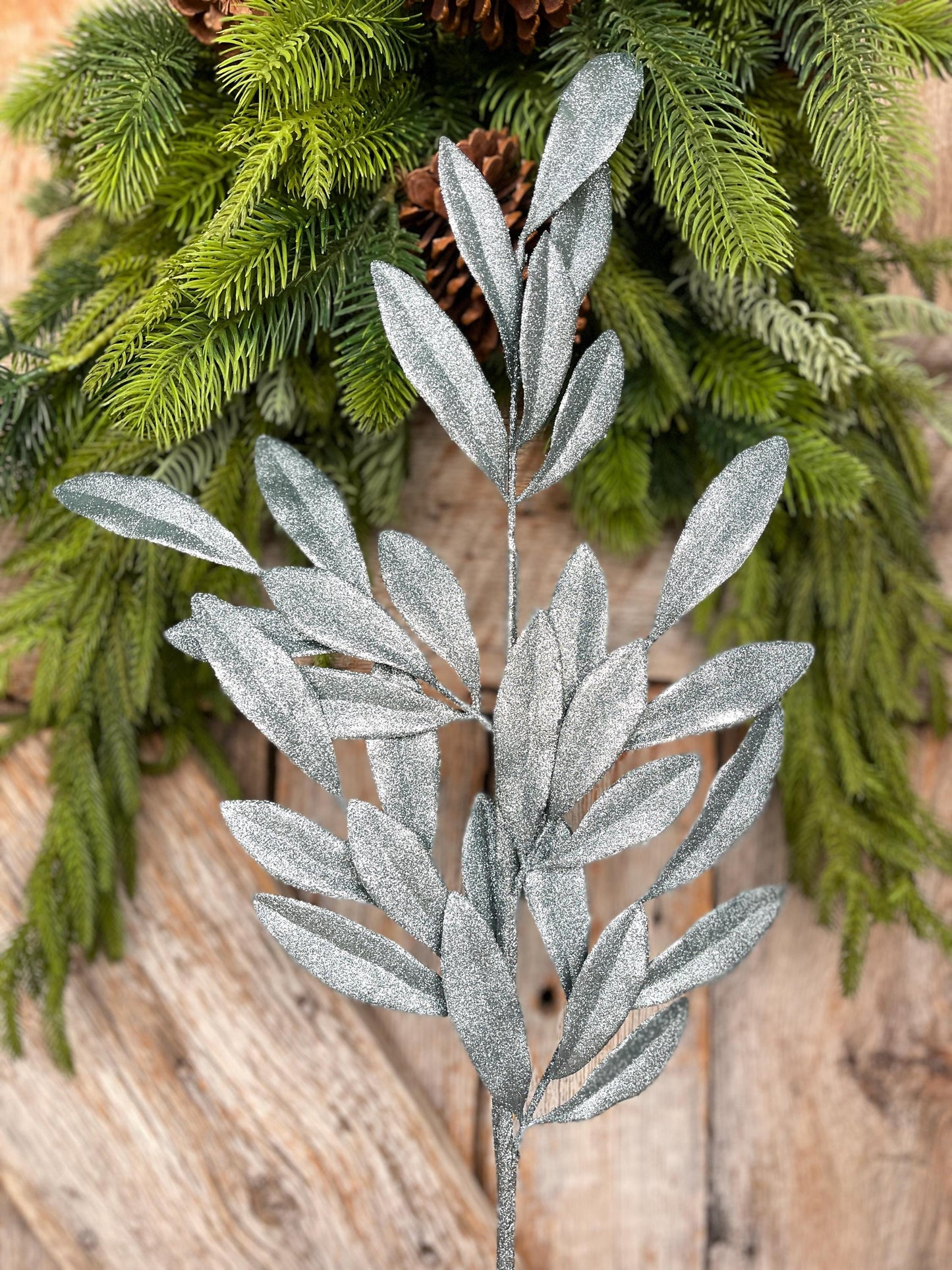Light Blue Glitter Laurel Leaf Spray: Christmas Tree Pick (27")