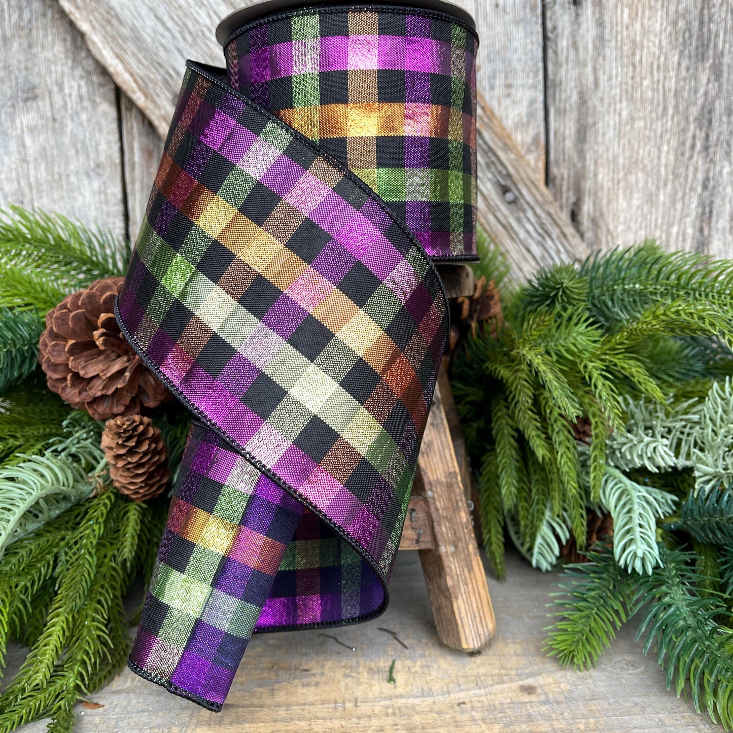 4" Halloween Spooky Plaid, Farrisilk Ribbon, Wired RIbbon