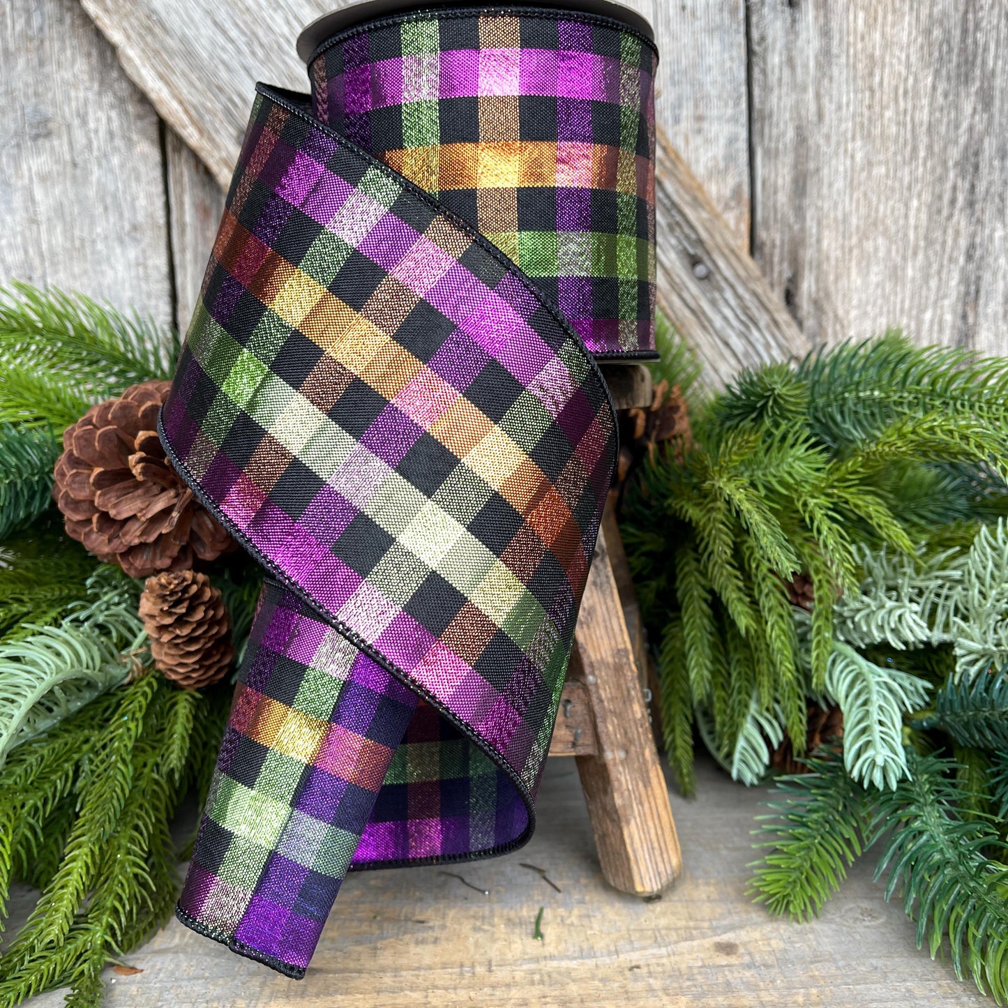 4" Halloween Spooky Plaid, Farrisilk Ribbon, Wired RIbbon