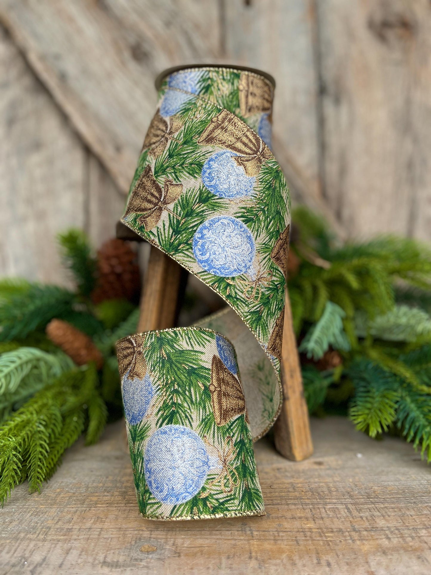 4" Christmas Ribbon with Blue Ornaments & Gold Bells, Holiday Wired Ribbon, Pine Greenery Ribbon, Rustic Christmas Ribbon