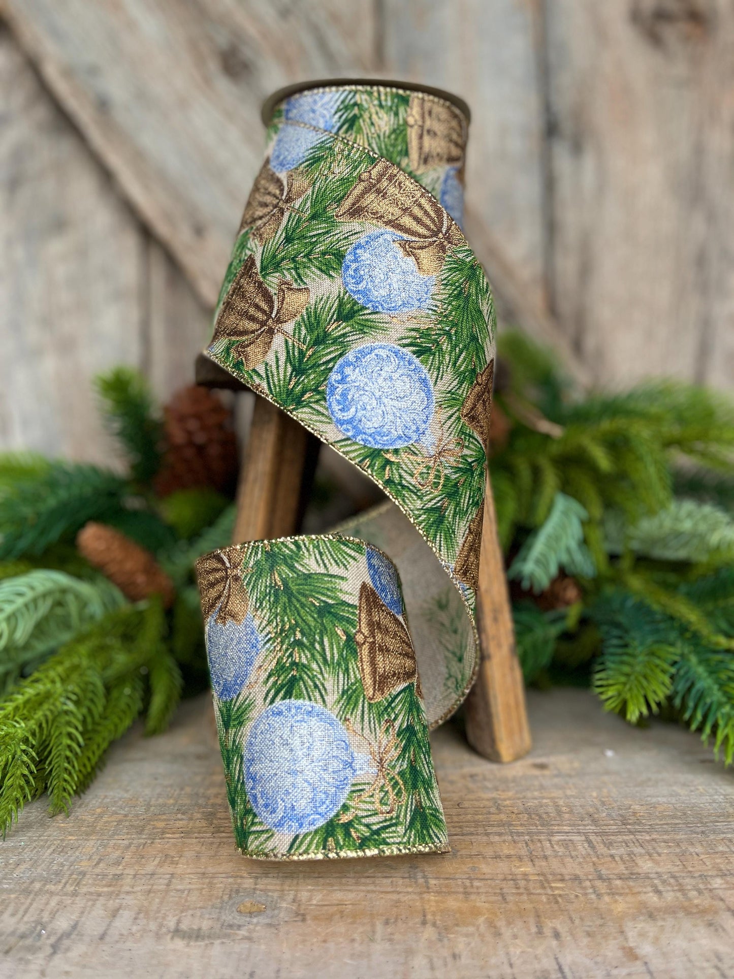 4" Christmas Ribbon with Blue Ornaments & Gold Bells, Holiday Wired Ribbon, Pine Greenery Ribbon, Rustic Christmas Ribbon