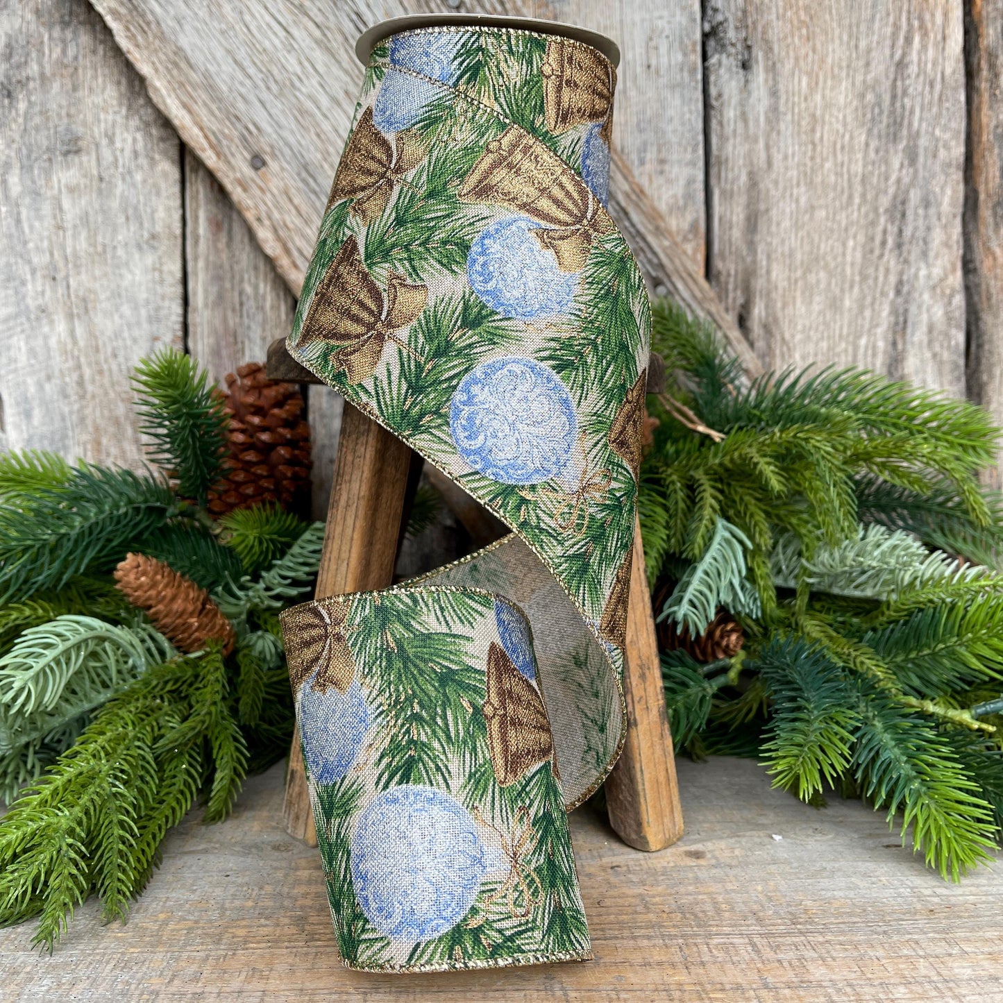 4" Christmas Ribbon with Blue Ornaments & Gold Bells, Holiday Wired Ribbon, Pine Greenery Ribbon, Rustic Christmas Ribbon