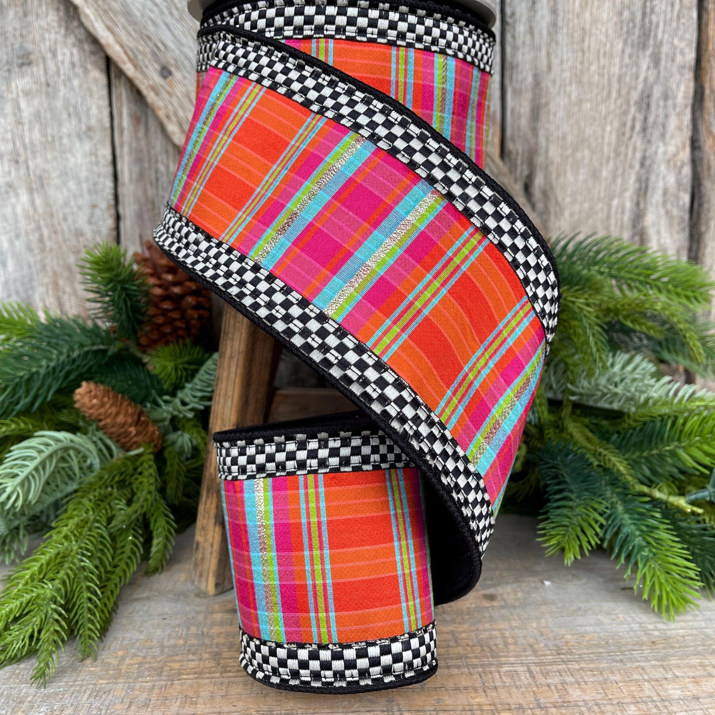 4" Kitschy Plaid Ribbon, Farrisilk Ribbon, Christmas Plaid Ribbon