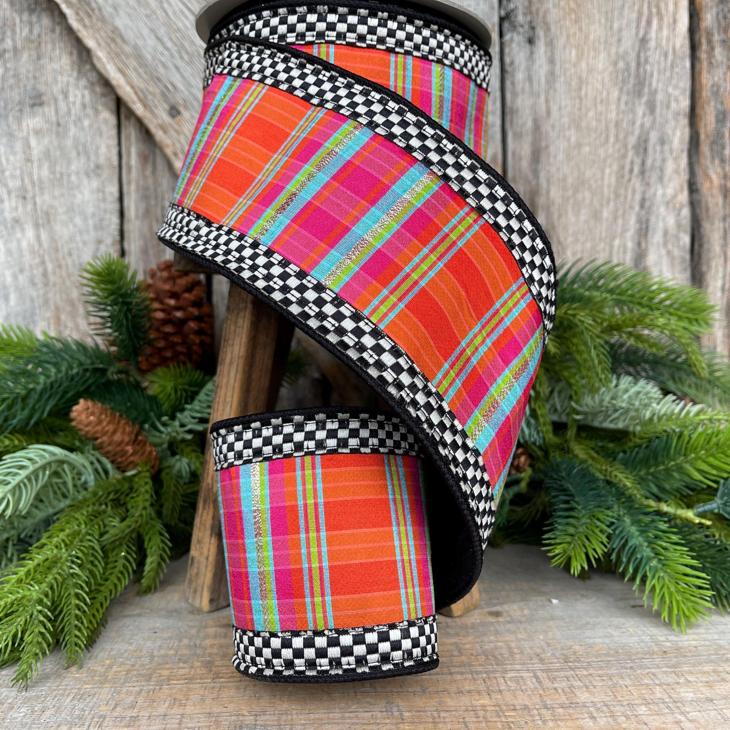4" Kitschy Plaid Ribbon, Farrisilk Ribbon, Christmas Plaid Ribbon