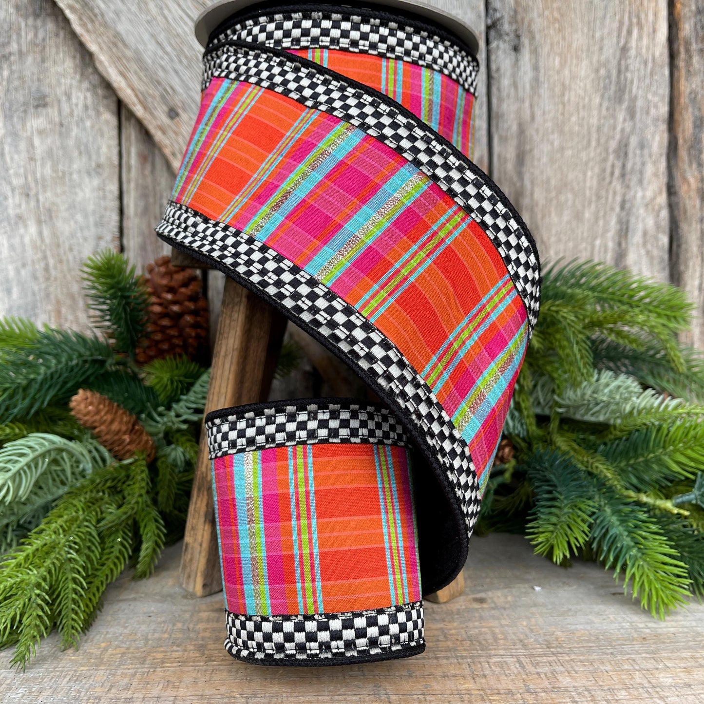 4" Kitschy Plaid Ribbon, Farrisilk Ribbon, Christmas Plaid Ribbon