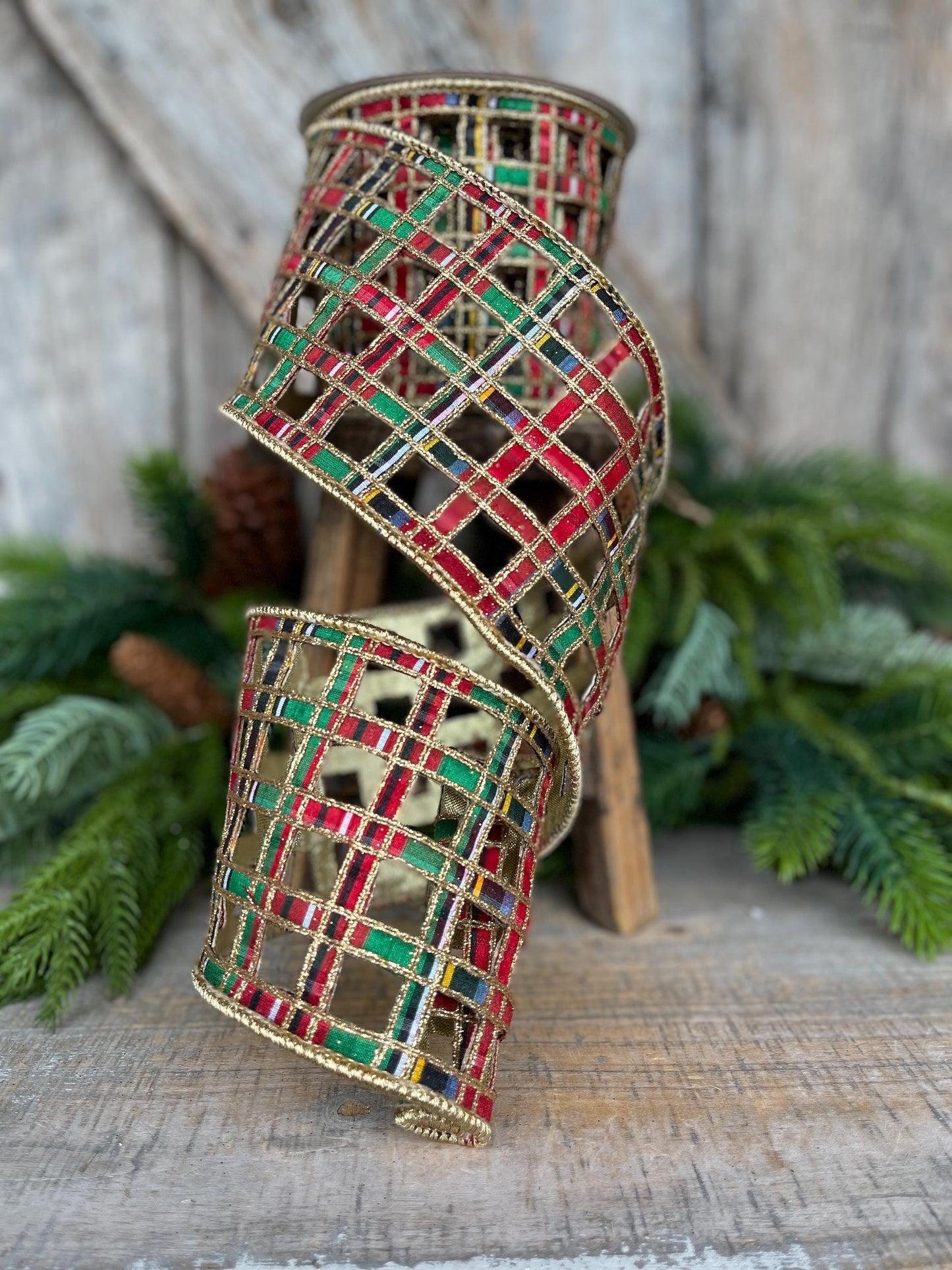 4" Traditional Christmas Plaid Ribbon, Farrisilk Ribbon, Window Plaid Ribbon