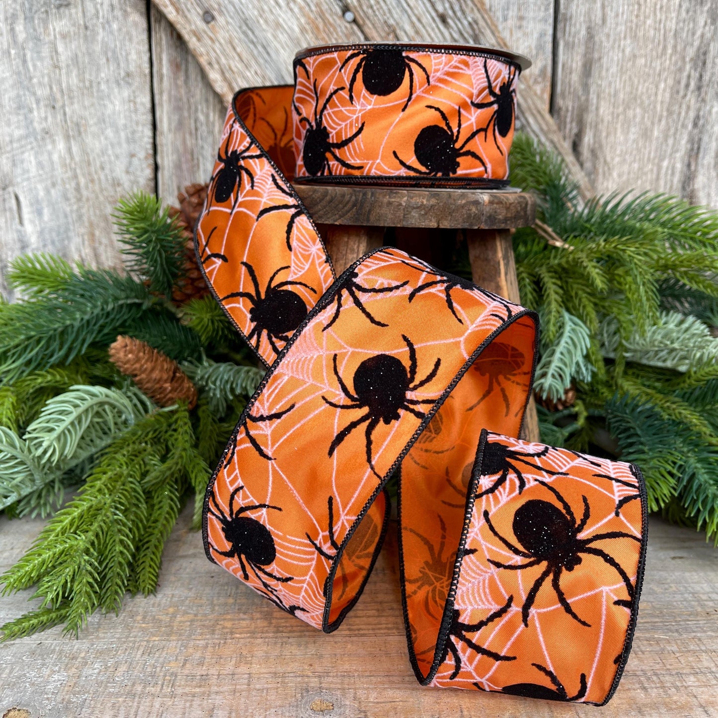 2.5" Orange Spider Ribbon, Farrisilk Ribbon, Halloween Ribbon