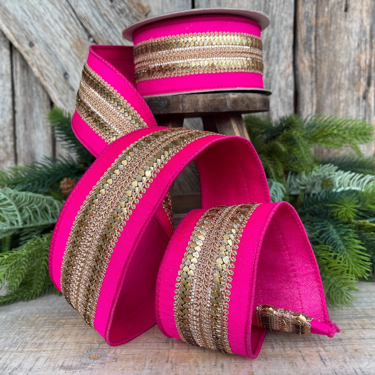 2.5" Hot Pink Gold Ribbon, Farrisilk Ribbon, Hot Pink Christmas Ribbon, Gilded Hearts Ribbon, SR112-15
