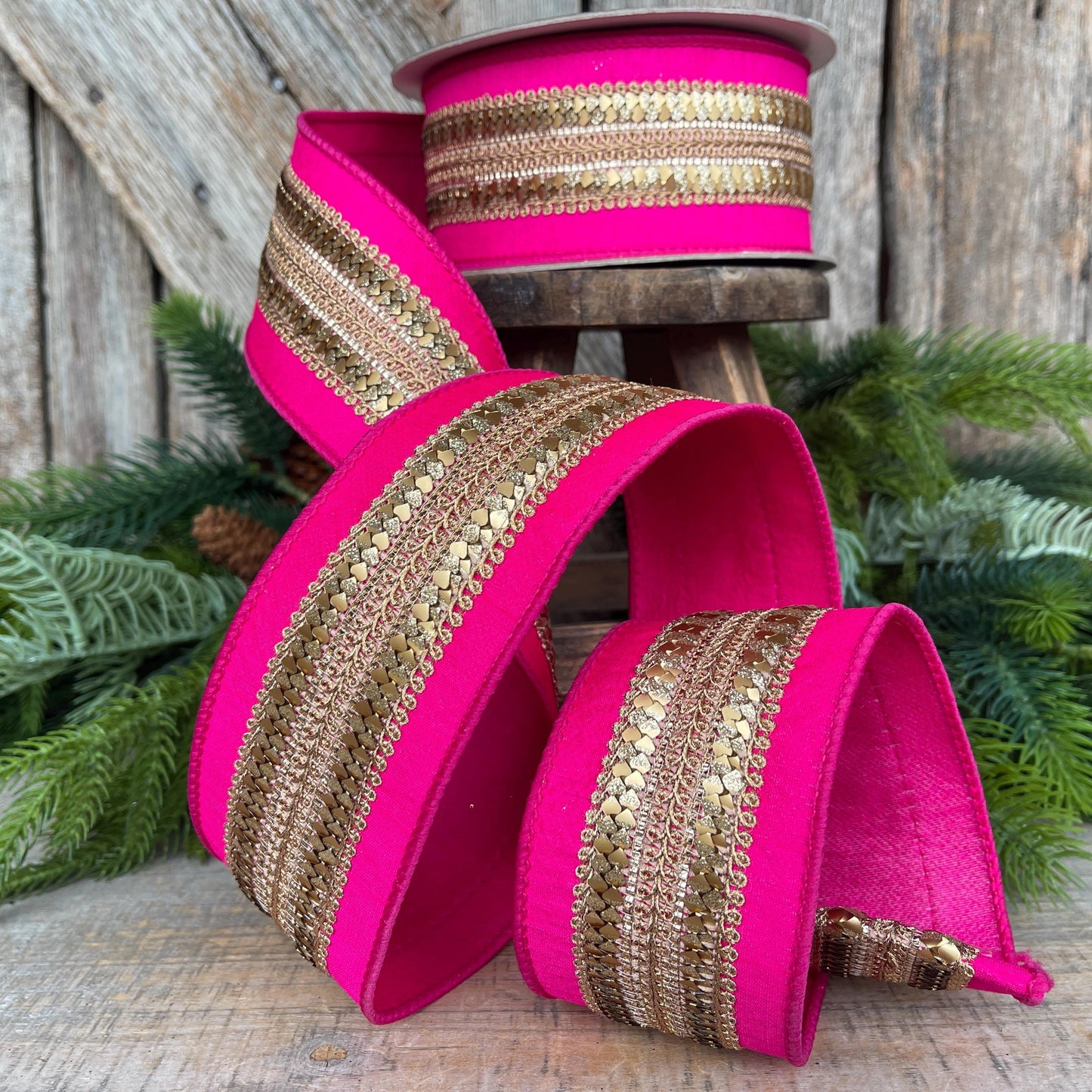 2.5" Hot Pink Gold Ribbon, Farrisilk Ribbon, Hot Pink Christmas Ribbon, Gilded Hearts Ribbon, SR112-15