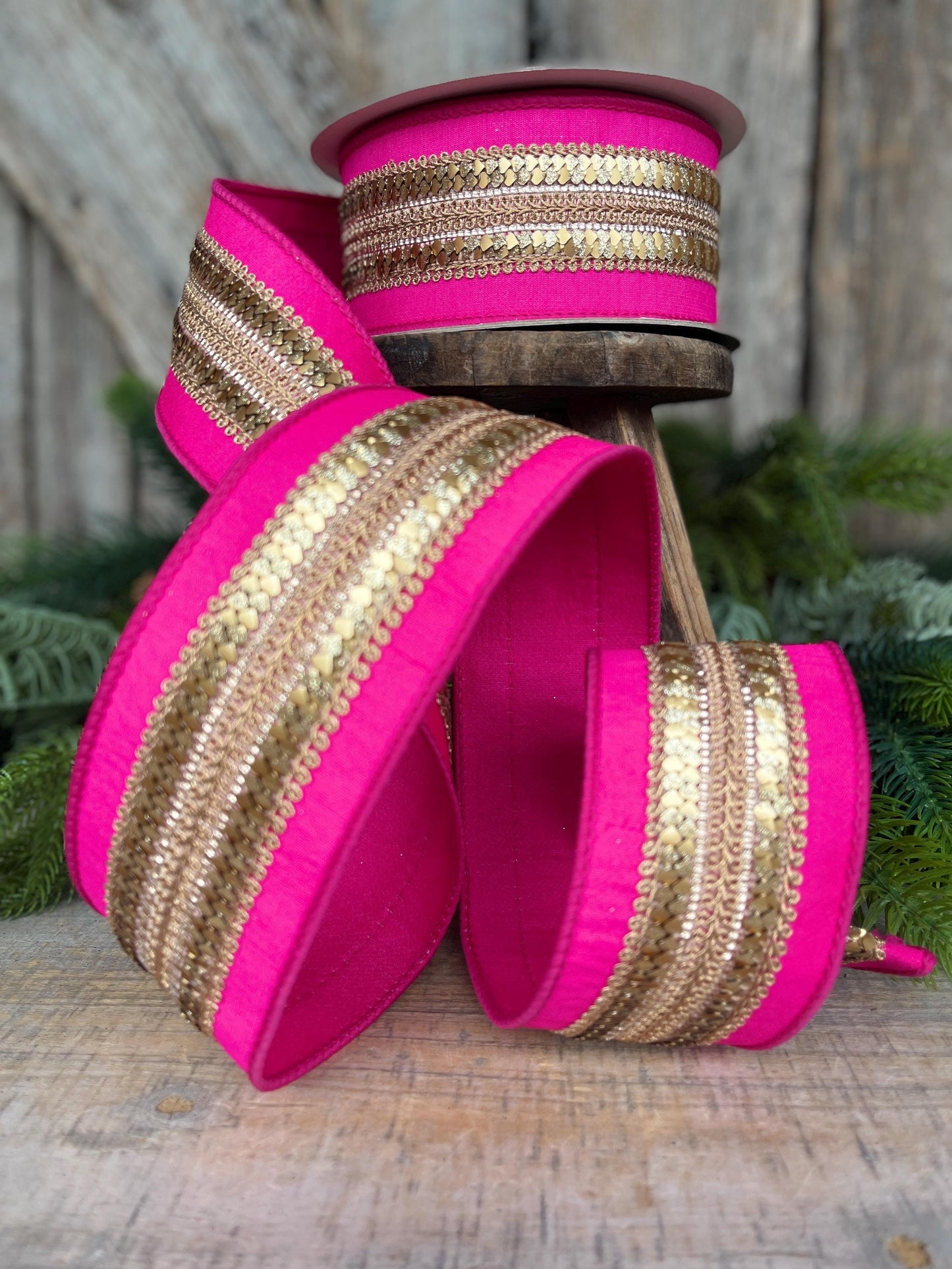 2.5" Hot Pink Gold Ribbon, Farrisilk Ribbon, Hot Pink Christmas Ribbon, Gilded Hearts Ribbon, SR112-15