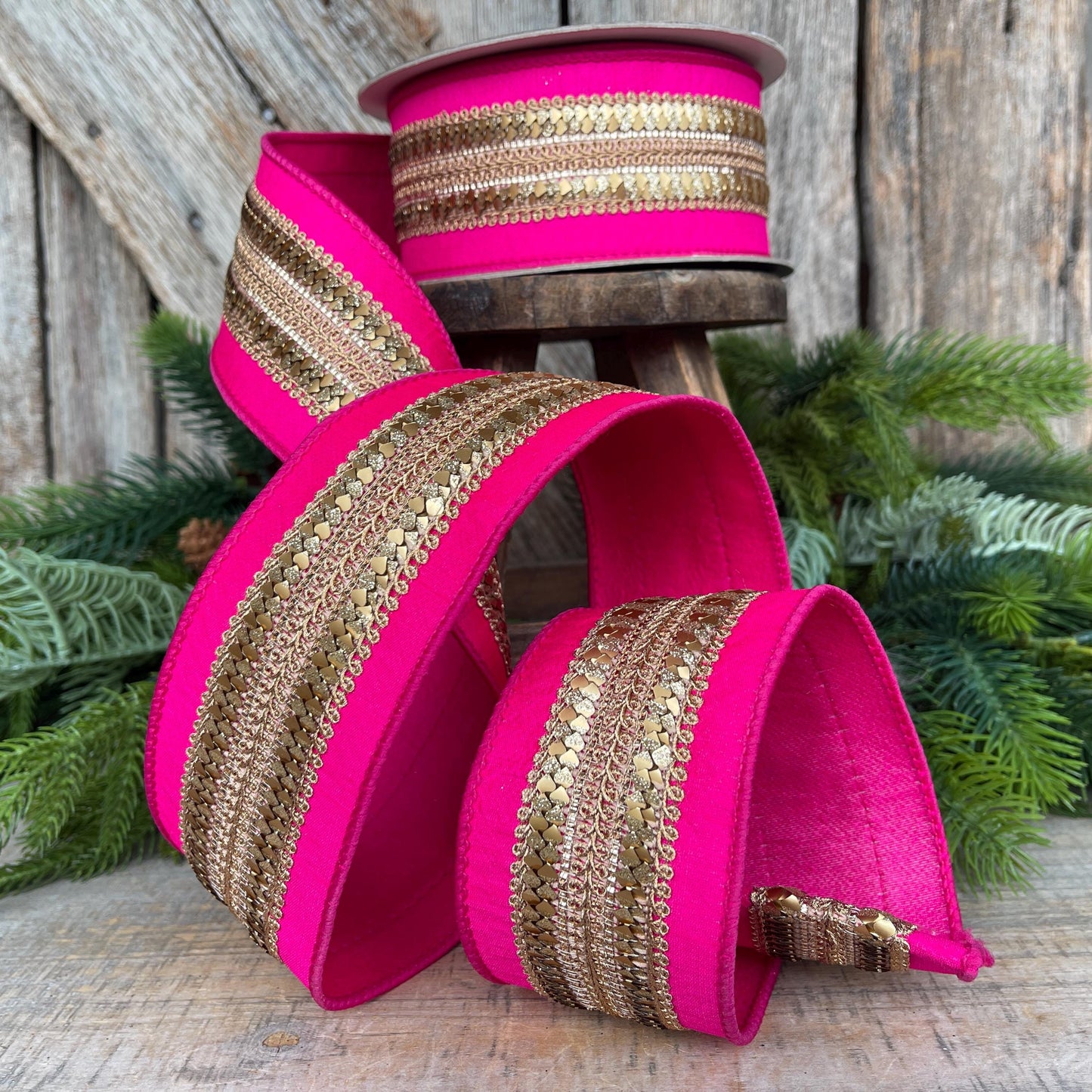 2.5" Hot Pink Gold Ribbon, Farrisilk Ribbon, Hot Pink Christmas Ribbon, Gilded Hearts Ribbon, SR112-15