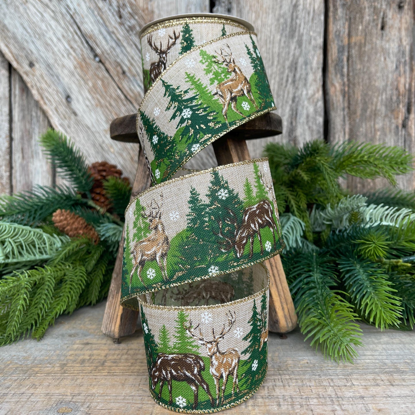 2.5" Woodsy Christmas Ribbon, Reindeer Christmas Ribbon, Pine Trees Ribbon, Wired Ribbon, Reindeer and Tree Ribbon