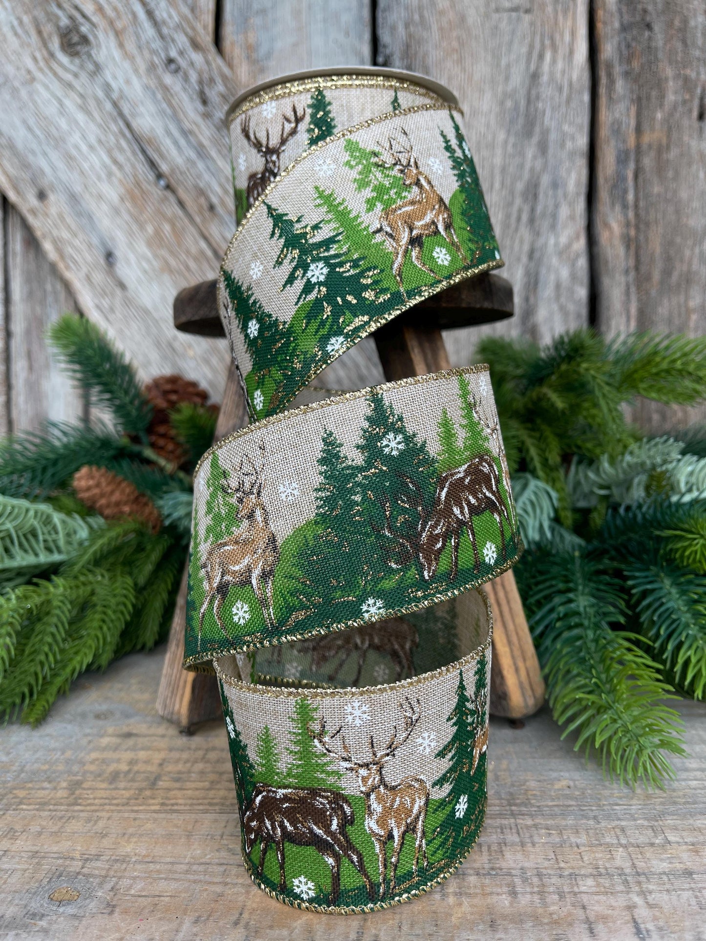 2.5" Woodsy Christmas Ribbon, Reindeer Christmas Ribbon, Pine Trees Ribbon, Wired Ribbon, Reindeer and Tree Ribbon