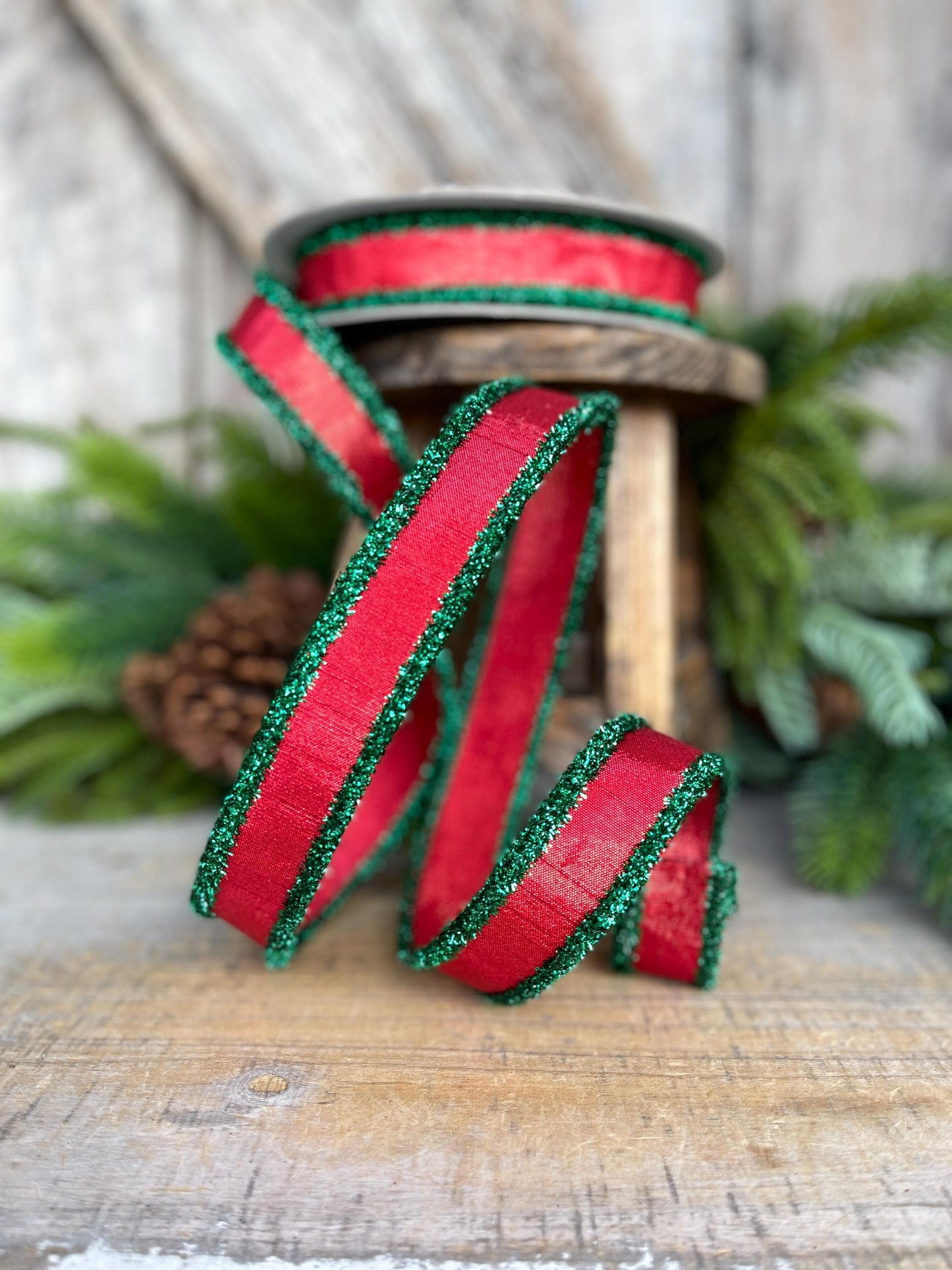 1" Red & Green Tinsel Ribbon, Christmas Ribbon, Farrisilk ribbon
