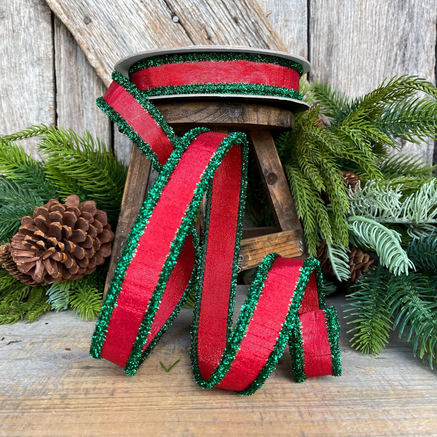 1" Red & Green Tinsel Ribbon, Christmas Ribbon, Farrisilk ribbon