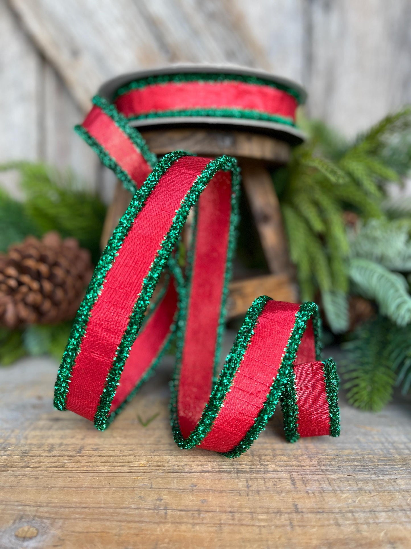 1" Red & Green Tinsel Ribbon, Christmas Ribbon, Farrisilk ribbon