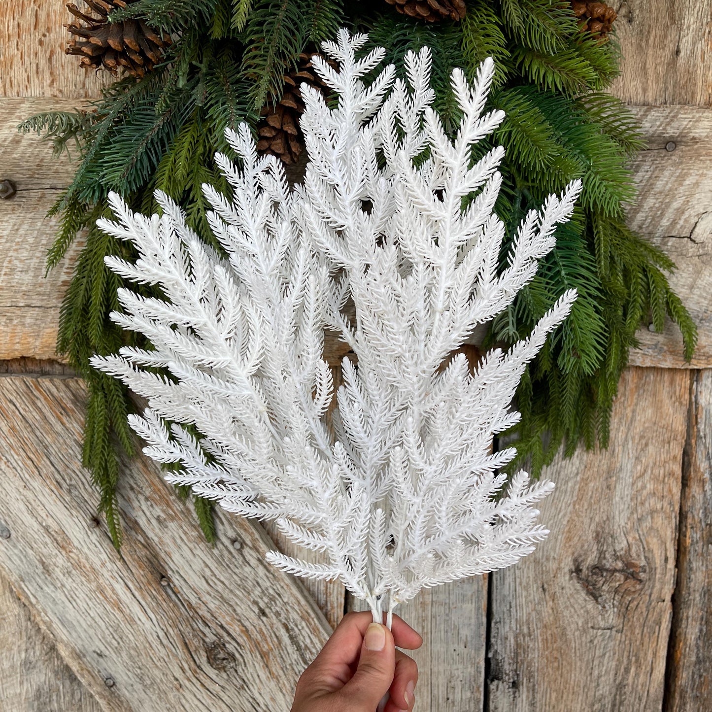 21" White Norfolk Pine Spray, White Christmas SPray, Christmas Tree Topper Spray, White Greenery, Pine Spray, 85266-WT