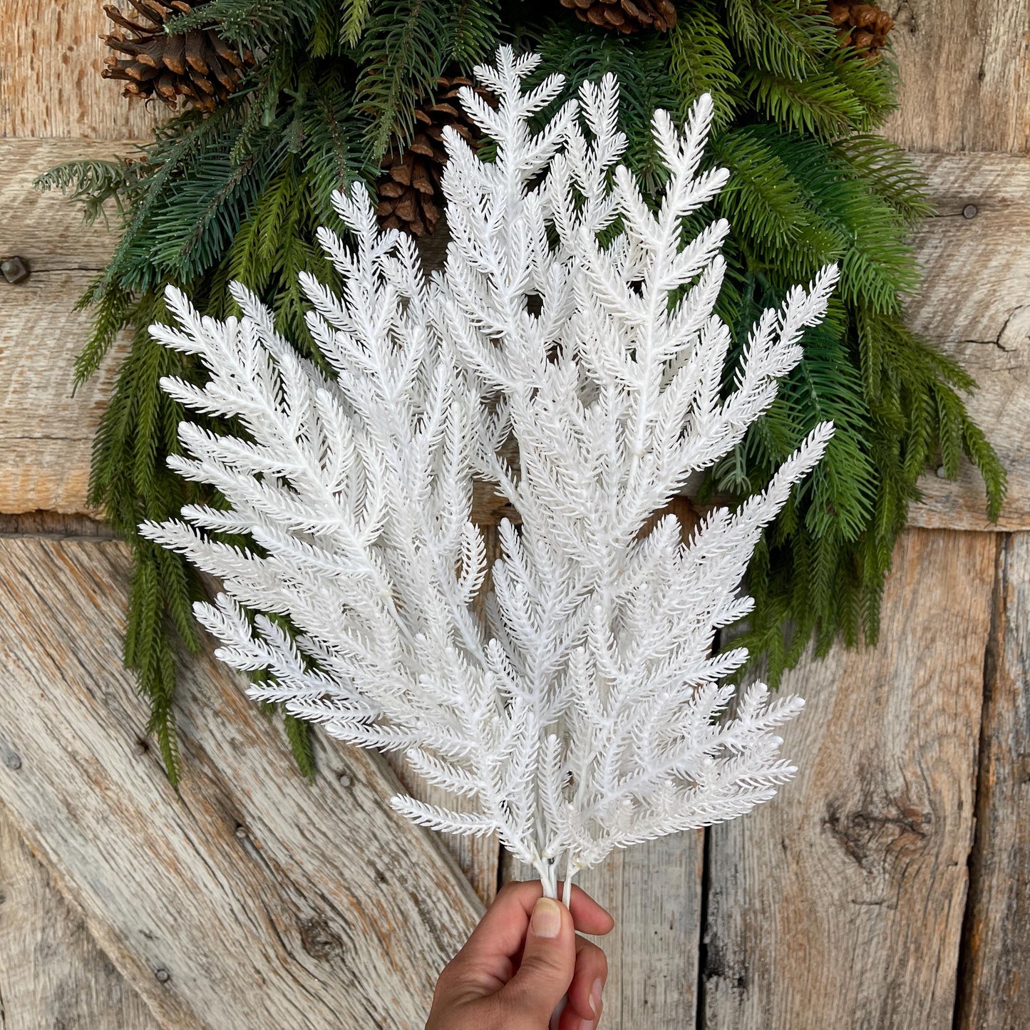 21" White Norfolk Pine Spray, White Christmas SPray, Christmas Tree Topper Spray, White Greenery, Pine Spray, 85266-WT