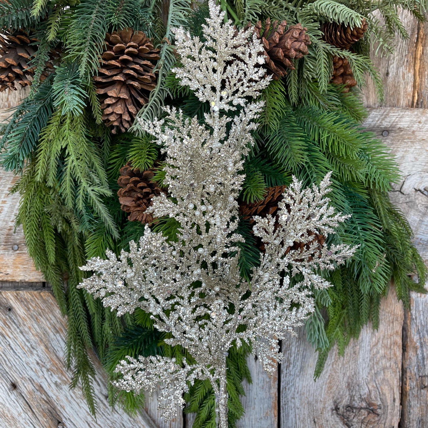33" Glitter Pearl Twig Spray, Platinum Christmas Tree Picks & Stems, Christmas Tree Spray, Christmas Floral Spray, 40341-PLATINIUM
