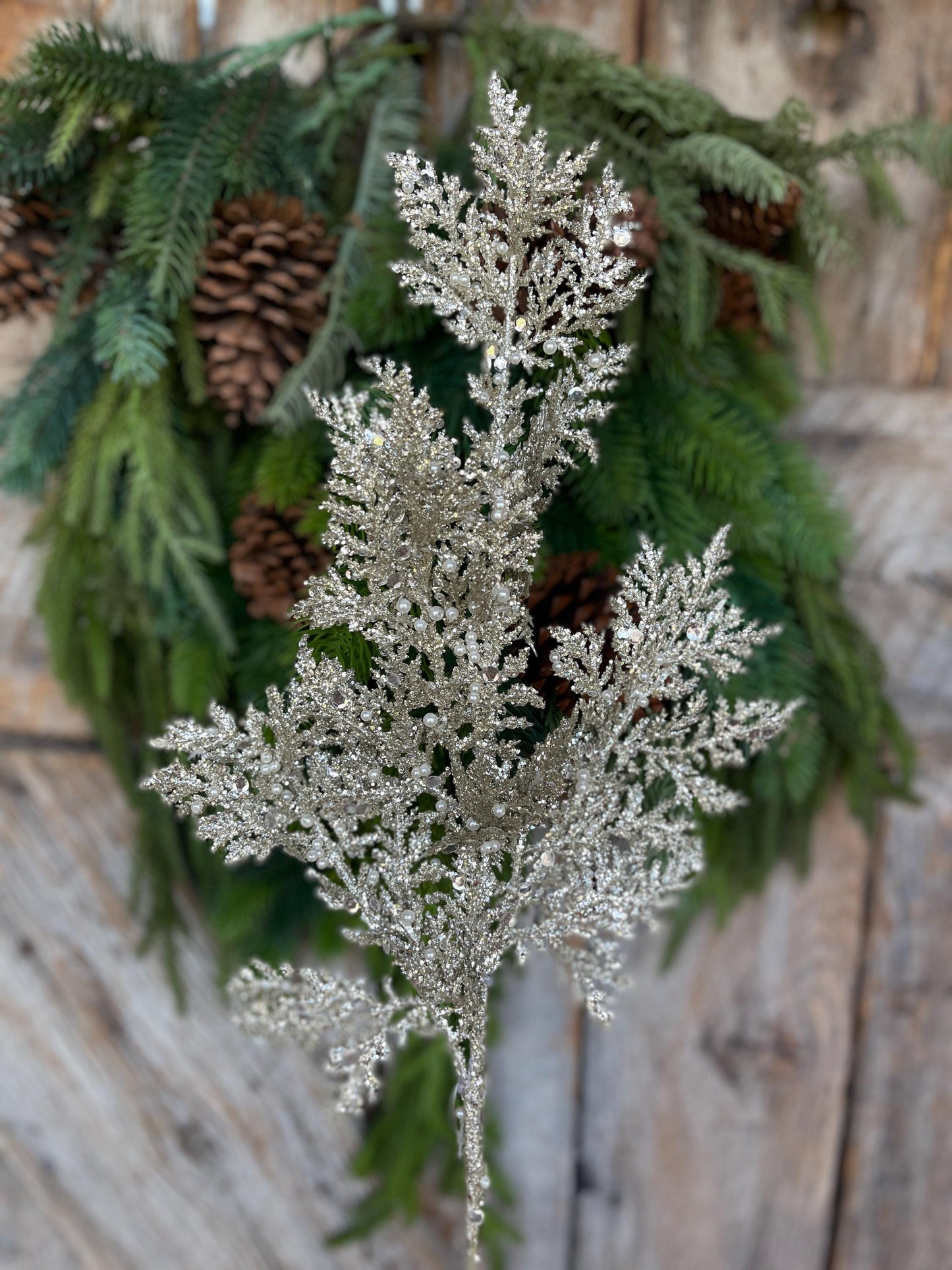 33" Glitter Pearl Twig Spray, Platinum Christmas Tree Picks & Stems, Christmas Tree Spray, Christmas Floral Spray, 40341-PLATINIUM