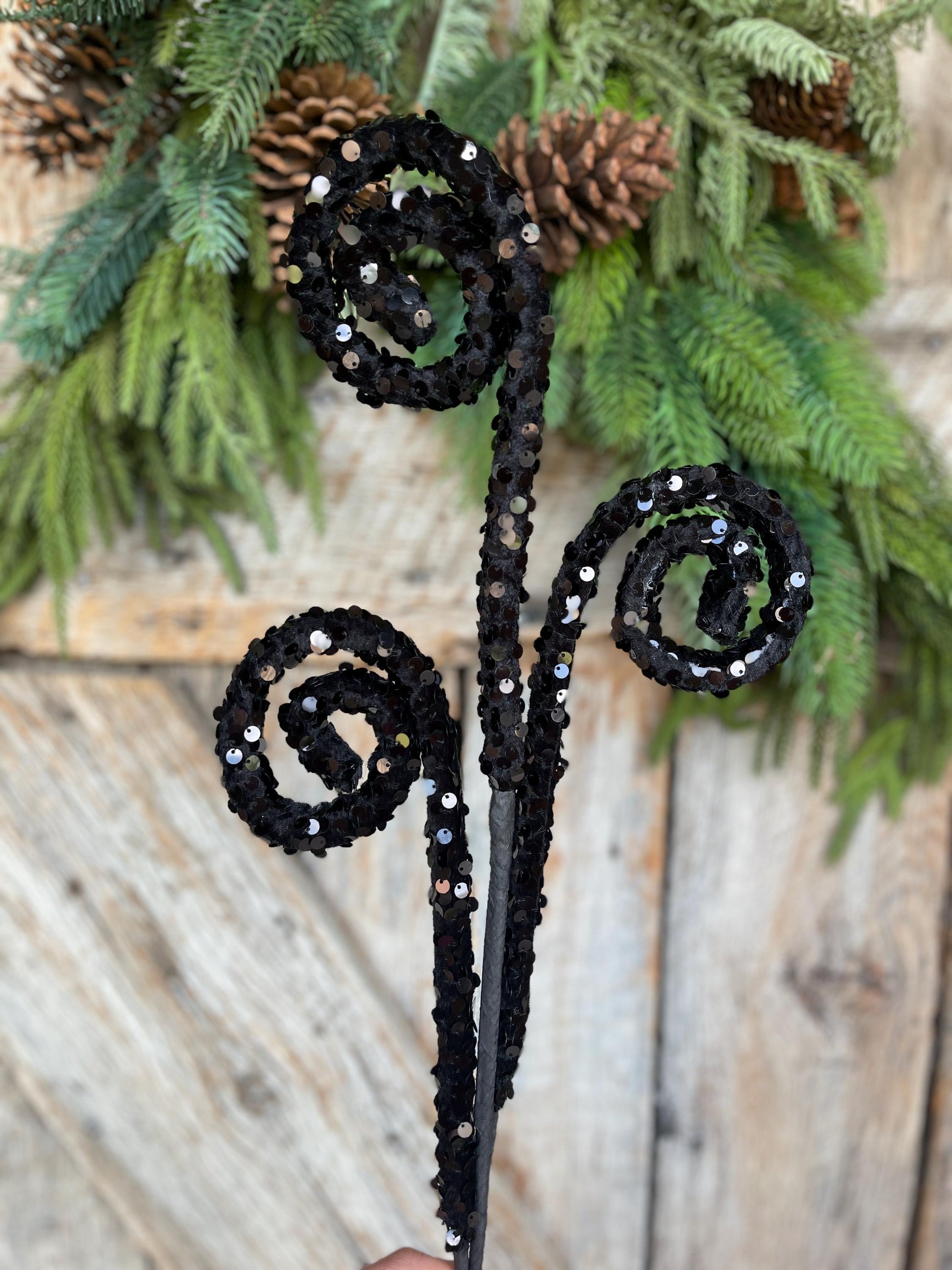 29" Black Sequin Curly Spray, Halloween Spray, Floral Spray