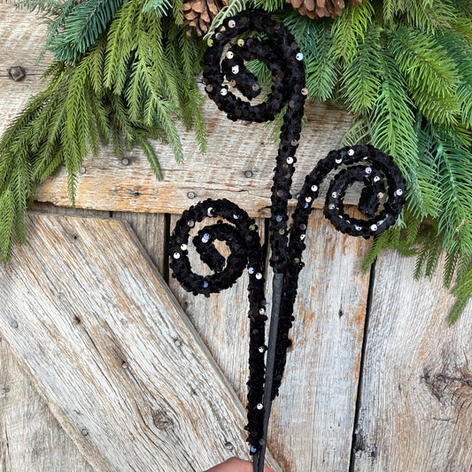 29" Black Sequin Curly Spray, Halloween Spray, Floral Spray