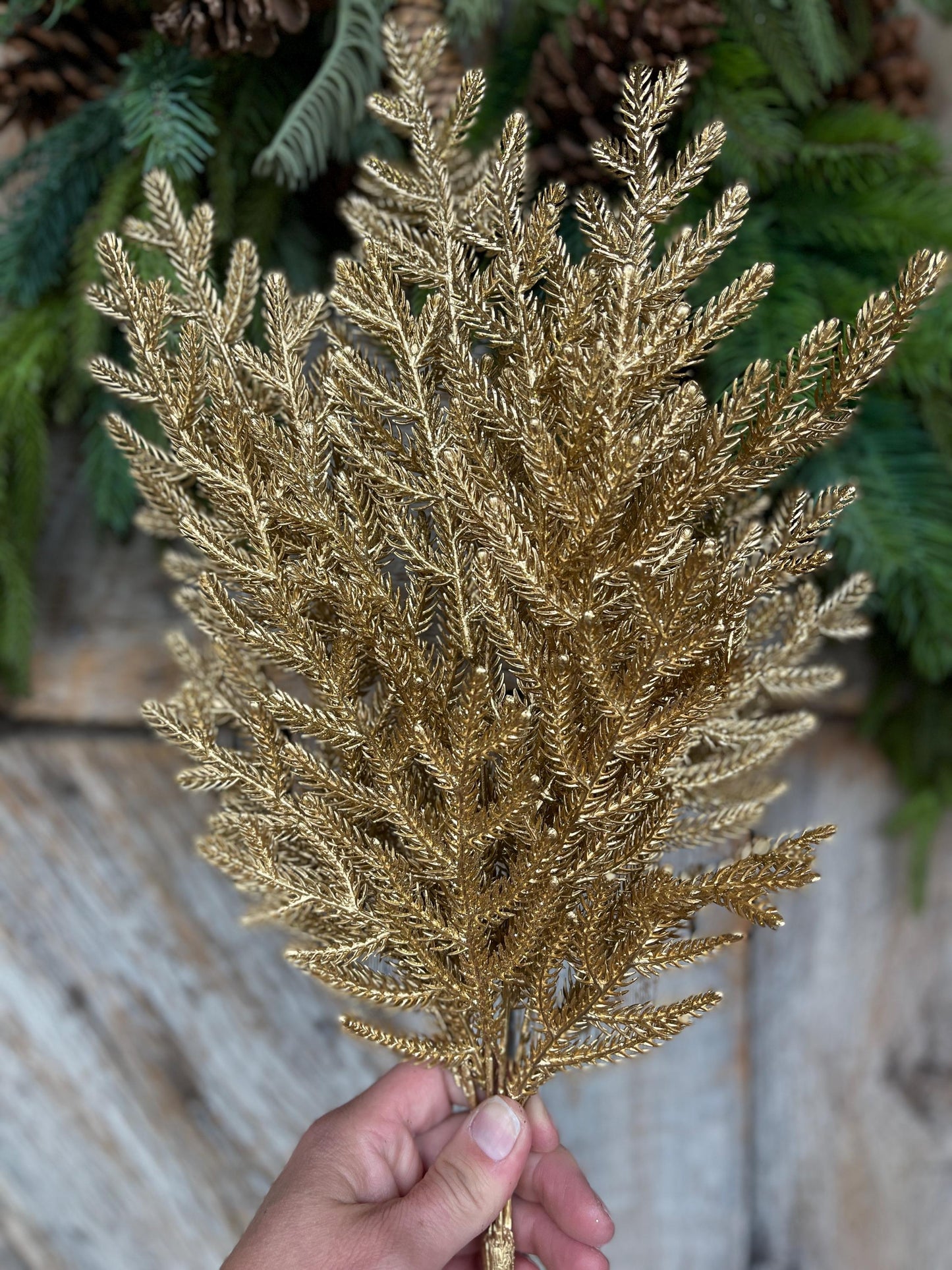 26" Gold Norfolk Pine Spray, Gold Christmas SPray, Christmas Tree Topper Spray