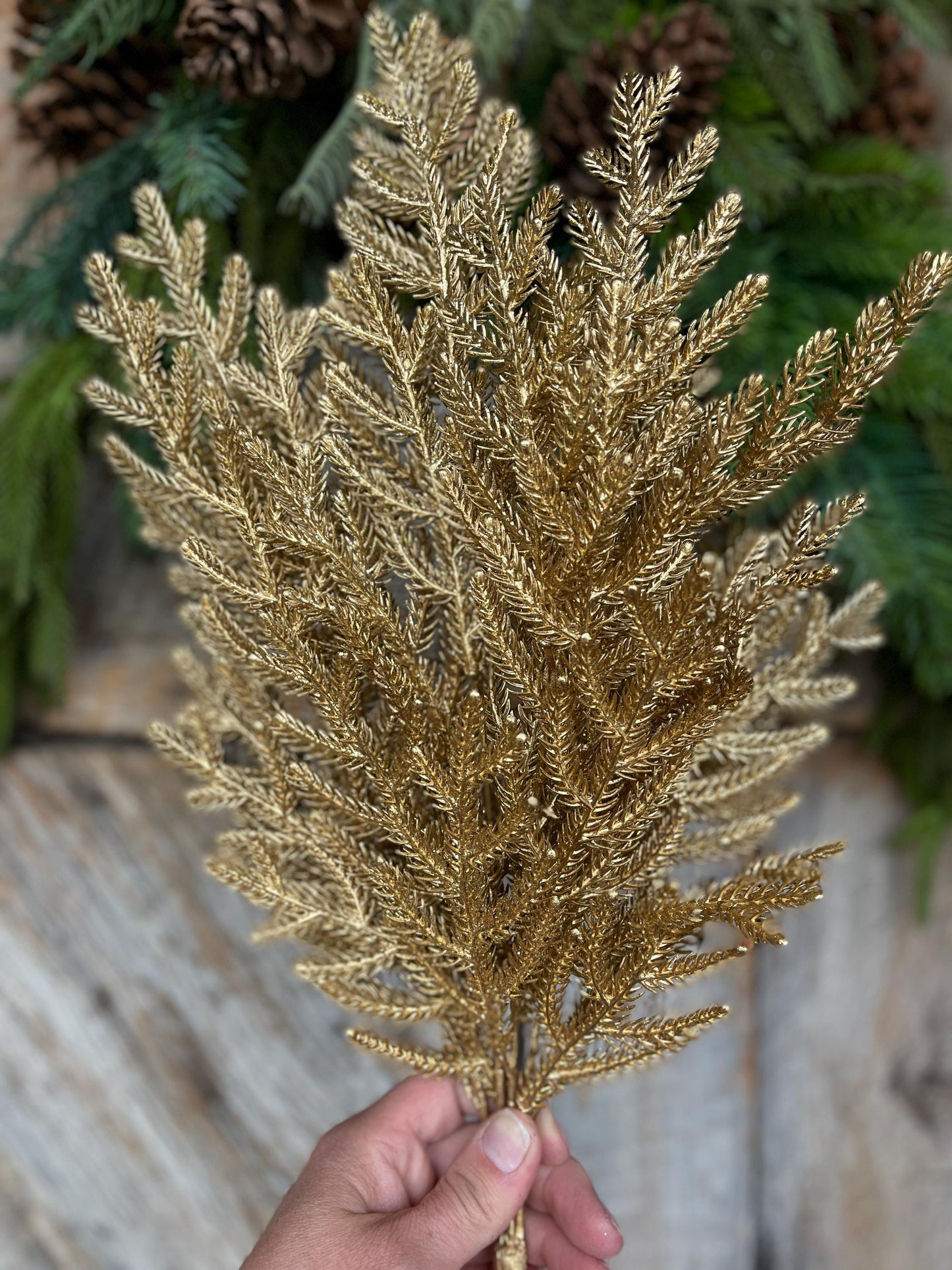 26" Gold Norfolk Pine Spray, Gold Christmas SPray, Christmas Tree Topper Spray