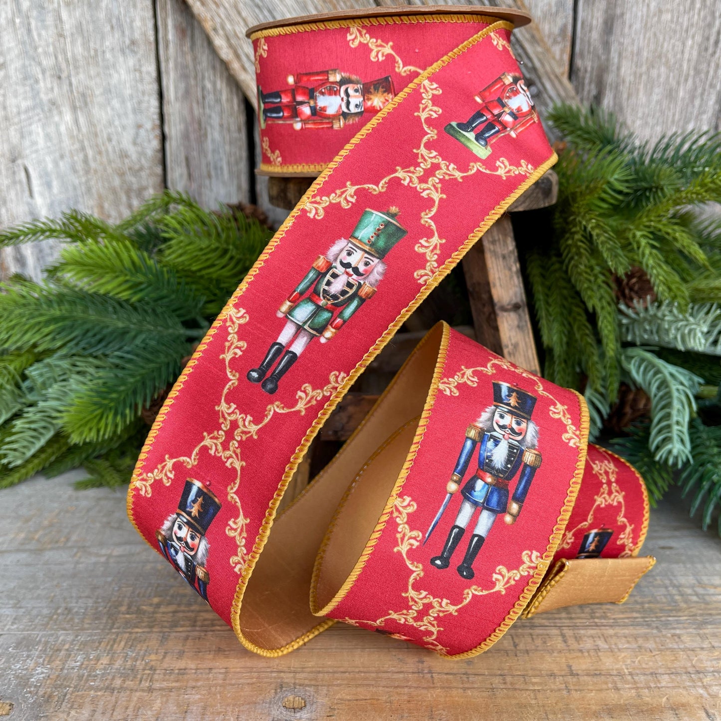 2.5" Red Nutcracker Ribbon, Red Gold Christmas Ribbon, Ribbon for Tree
