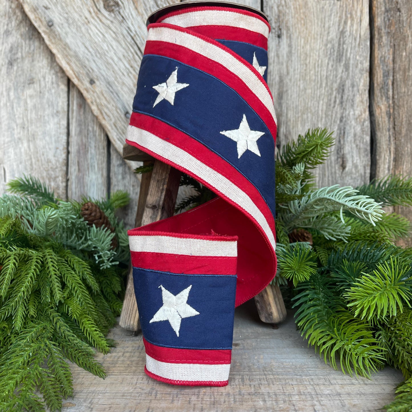 4" Patriotic Plaid Ribbon, D Stevens Ribbon, Stars Stripes Ribbon